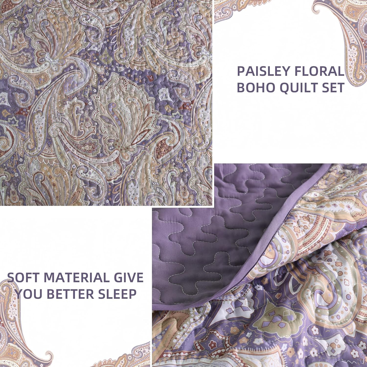 DJY Purple Paisley Queen Quilt Set 3 Pieces