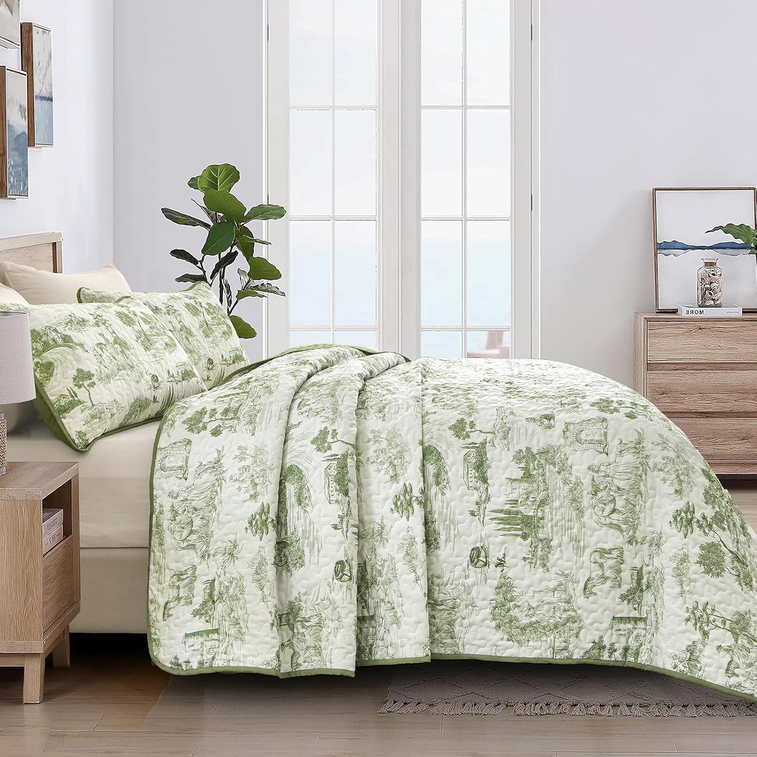 Drucon Sage Green Farmhouse Quilt Set King Size