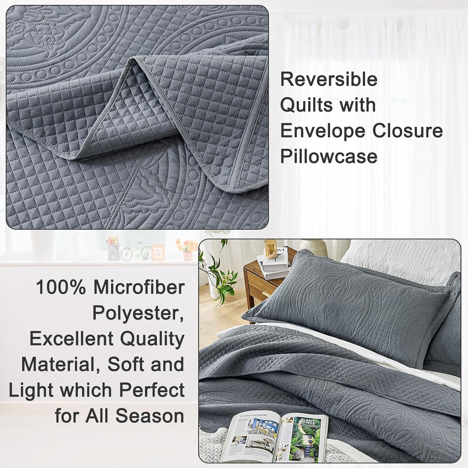 Qucover King Size Bedspread 3-Piece Set Dark Grey Persian Pattern