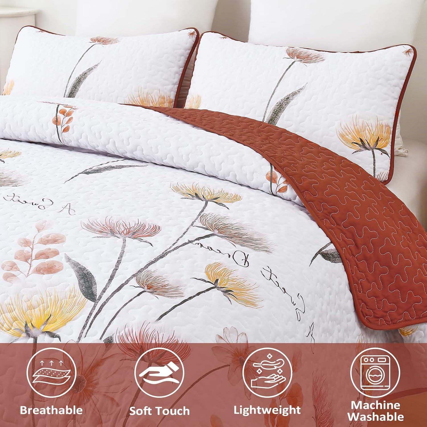 Dinjoy Floral California King Quilt Set 3 Piece