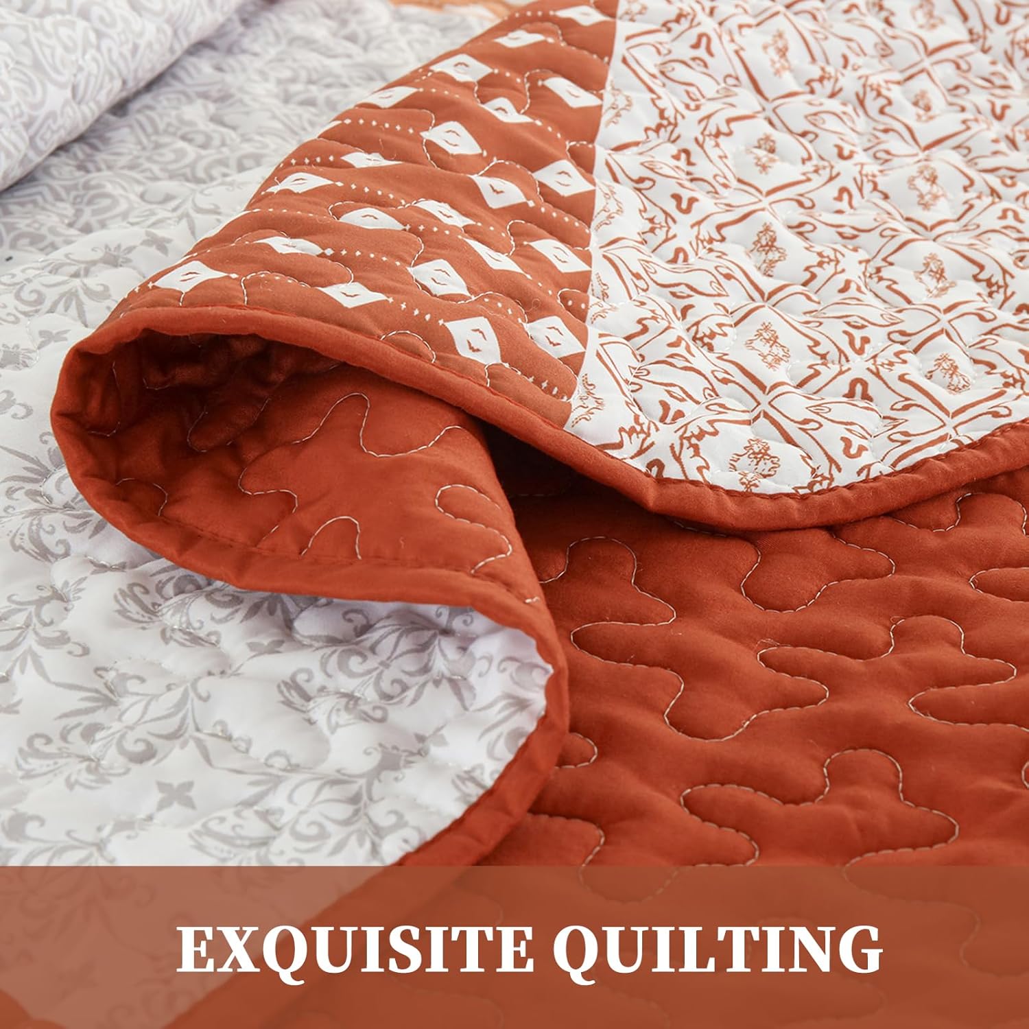 WONGS BEDDING Burnt Orange Boho Quilt Set Queen Size 3 Pieces