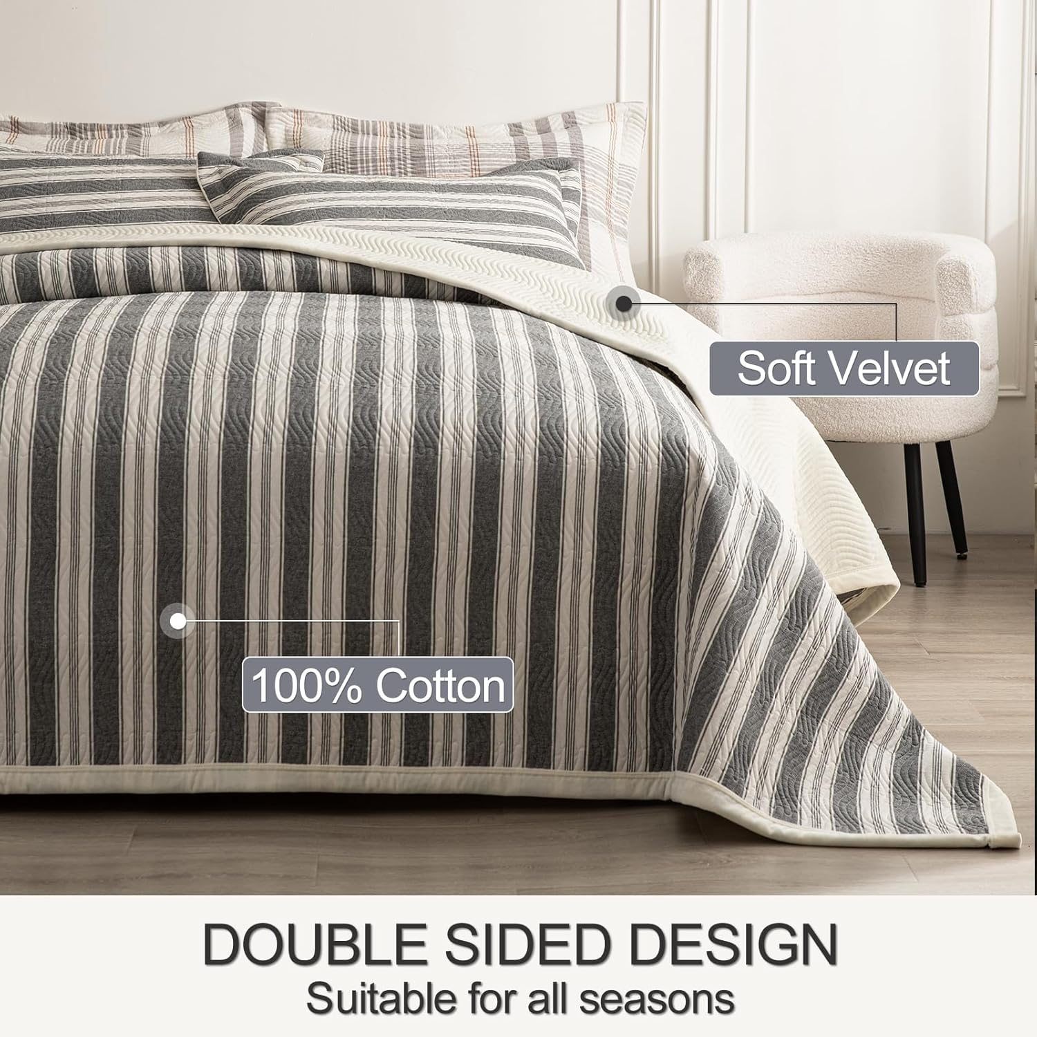 Cotton Striped Quilt Set 3 Piece King Size Reversible