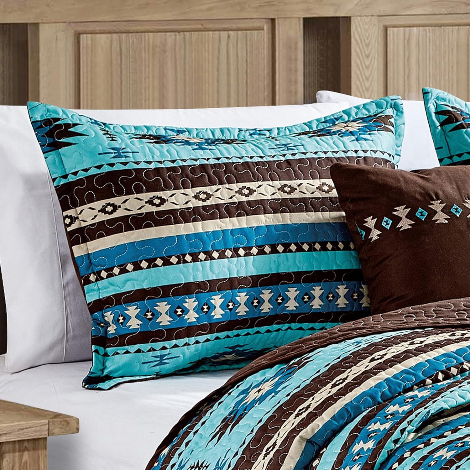 Linen Mart Southwestern Turquoise Tan Aztec Coverlet - 5 Piece Set