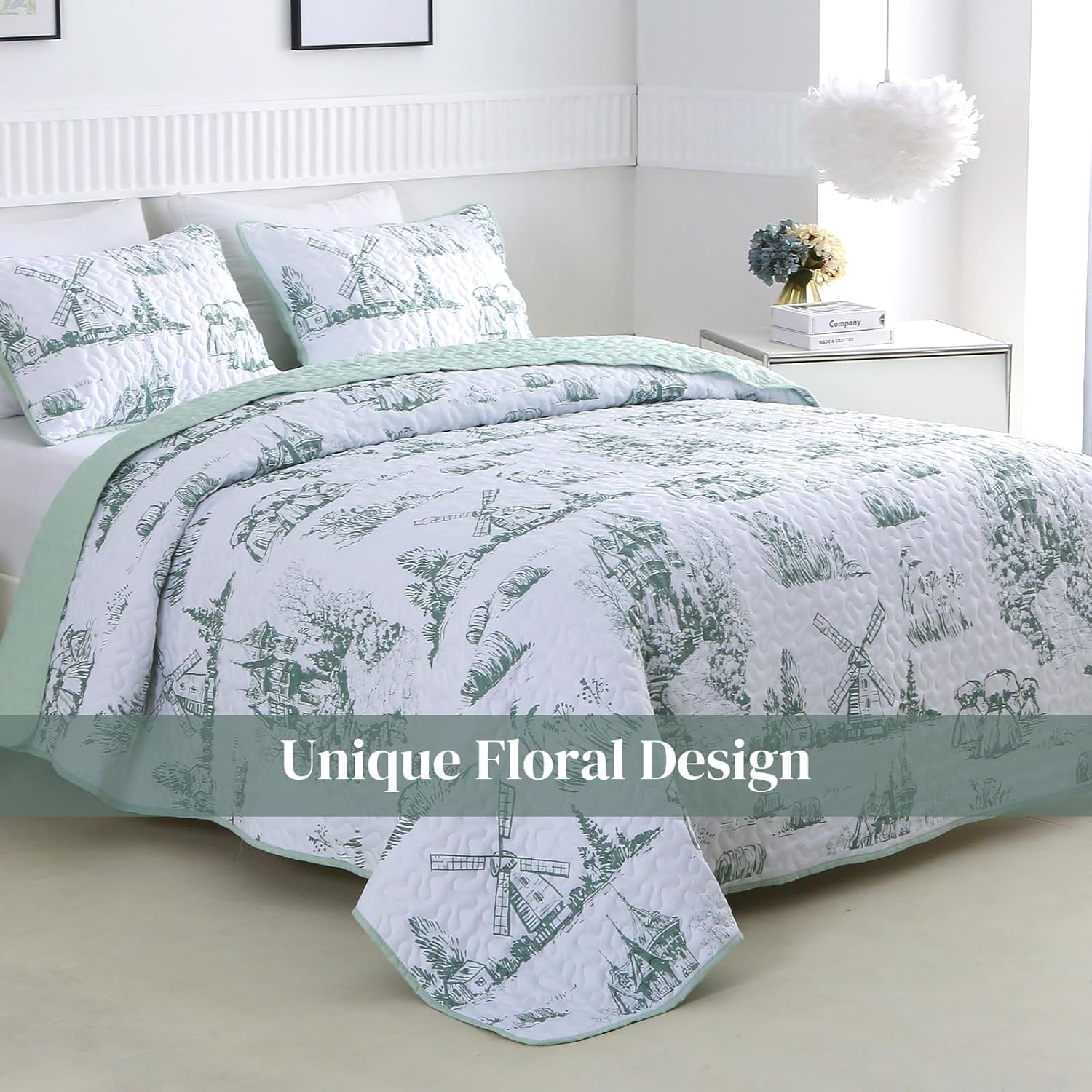 Sage Green Botanical Quilt Set King Size 3 Piece