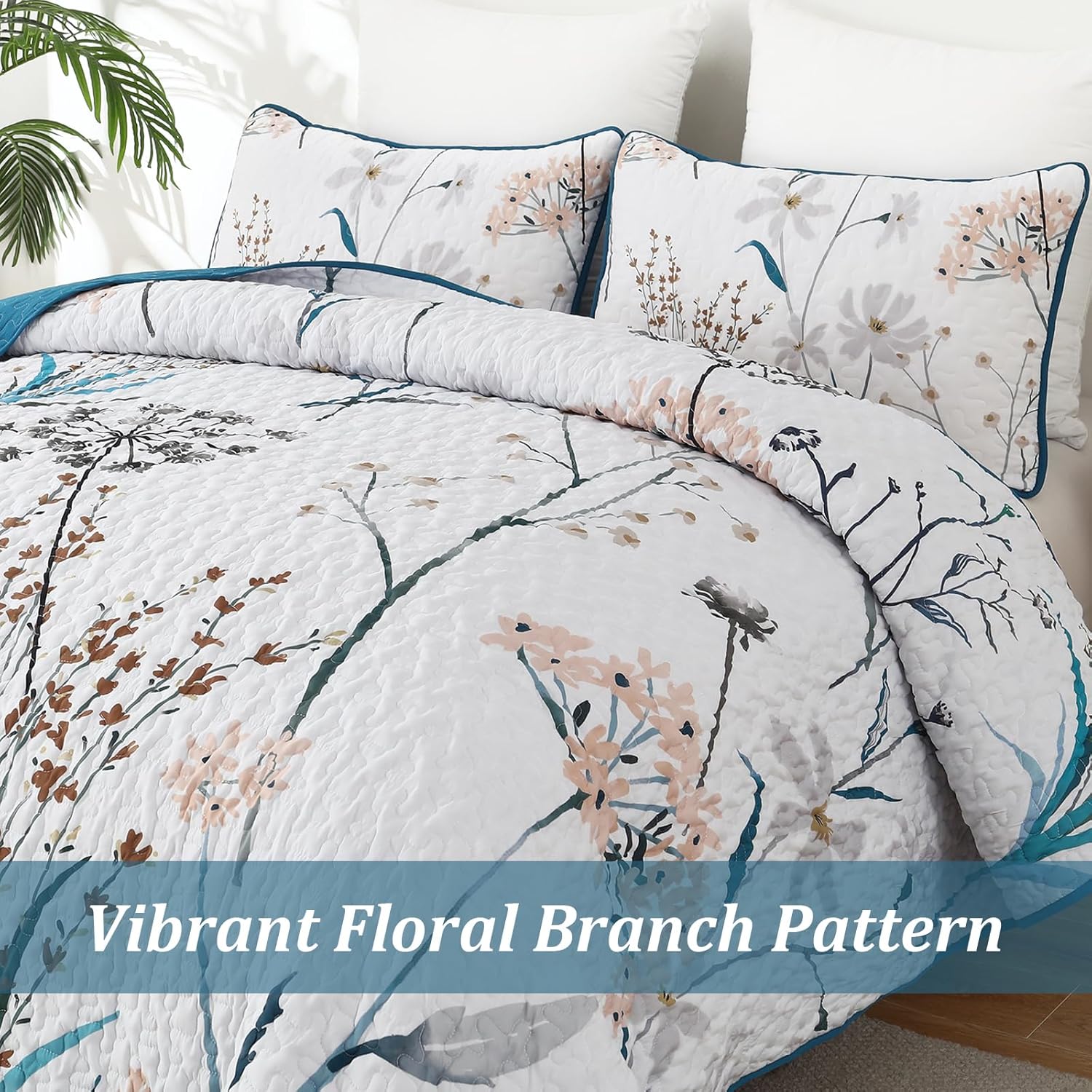 Dobuyly Teal Floral Queen Quilt 3-Piece Set