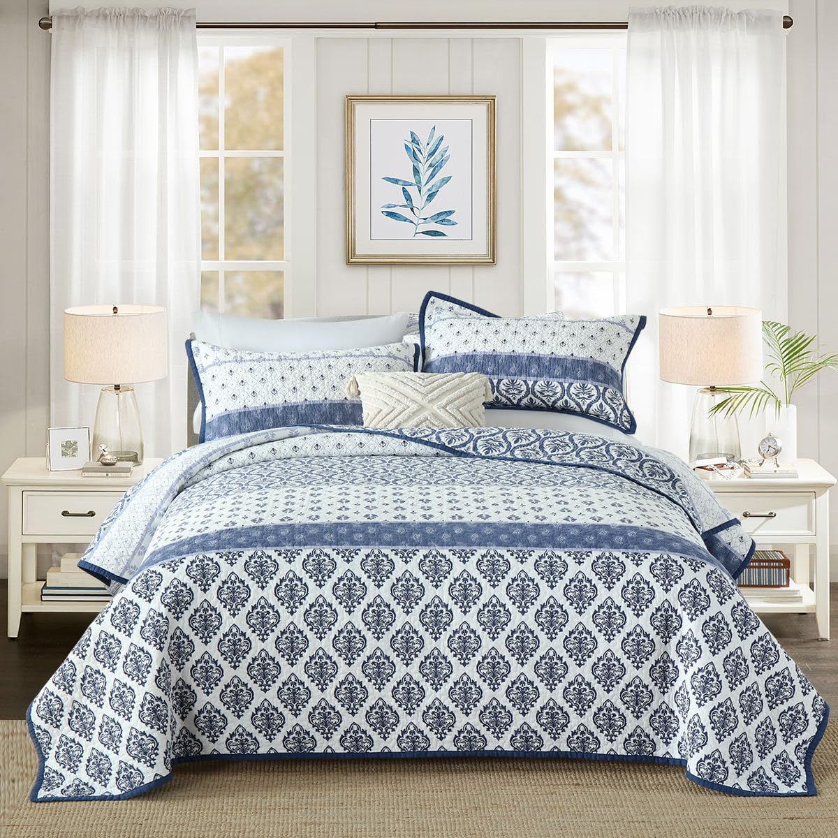 Floral Queen Quilt Set - 3-Piece Cotton Blue White Reversible Quilted Bedspread