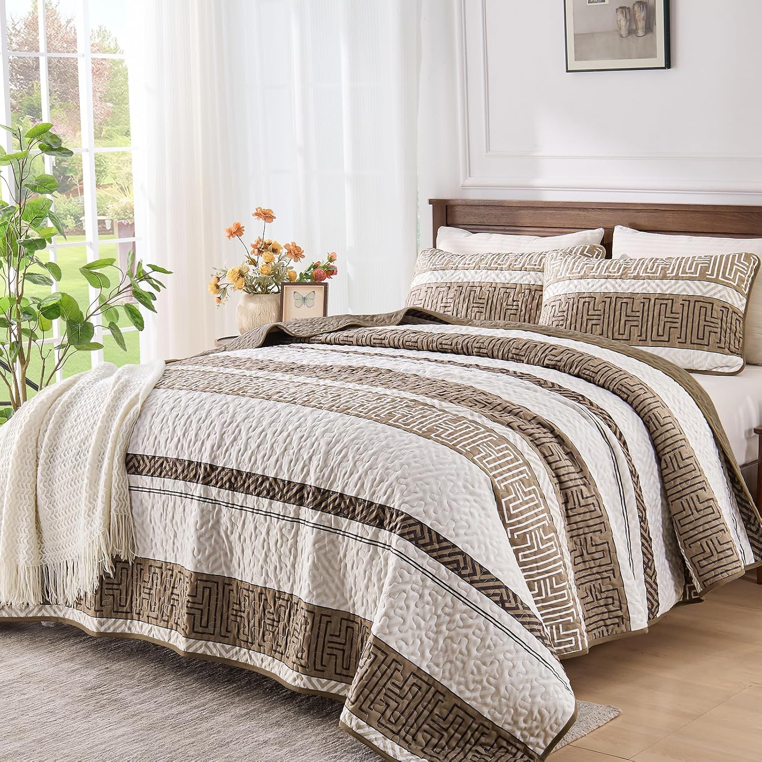 DJY Queen Size Brown Striped Quilt Set 3 Pcs