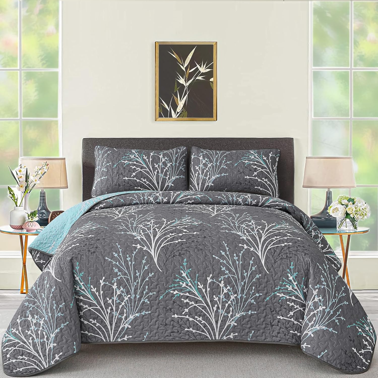 DJY Queen Size Reversible Quilt Set Grey Blue