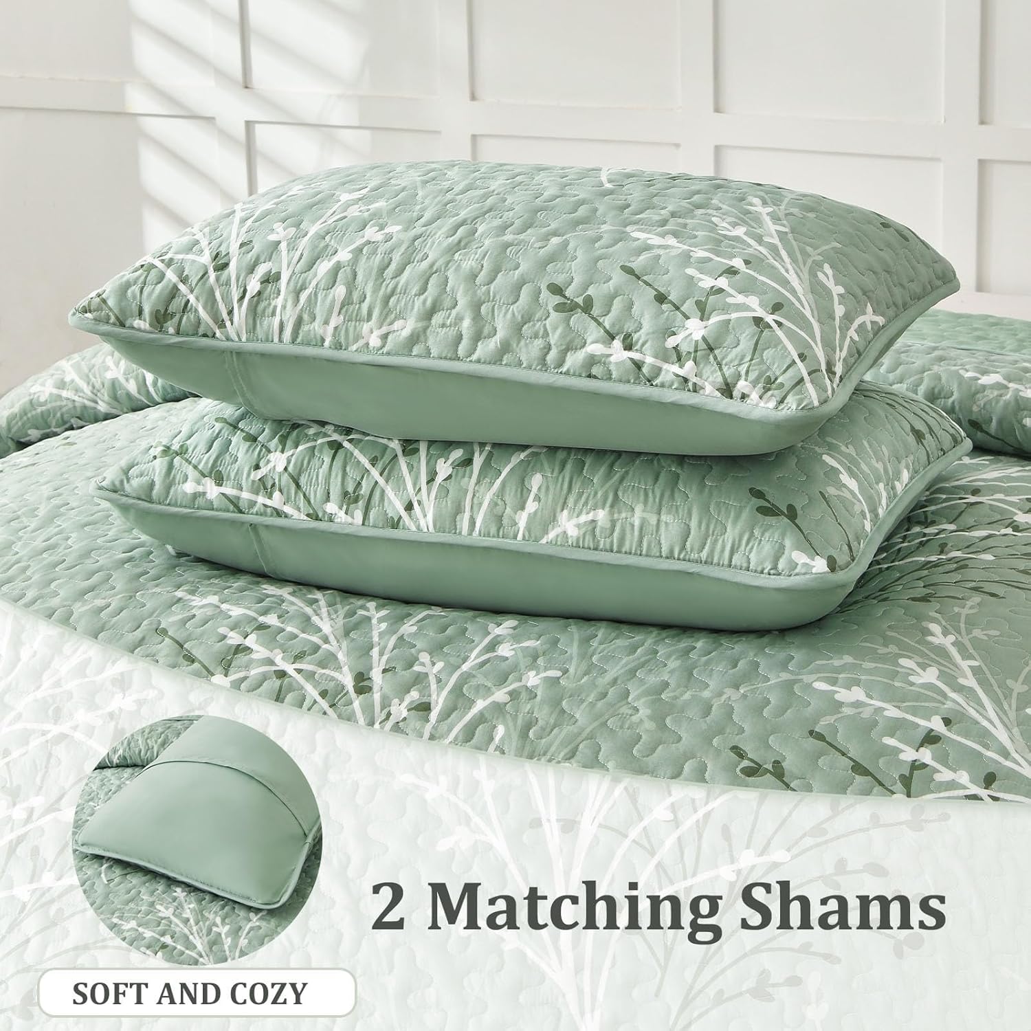 DJY Sage Green Floral Quilt Set California King