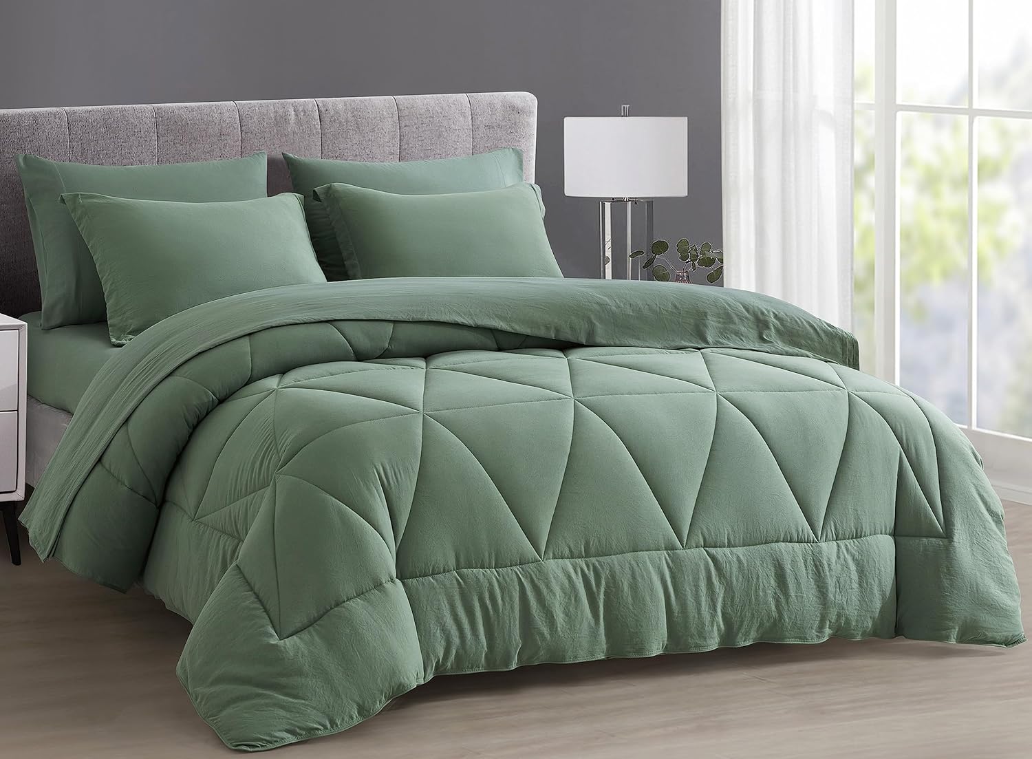 Chezmoi Jasper Sage Green Comforter Set 7-Piece