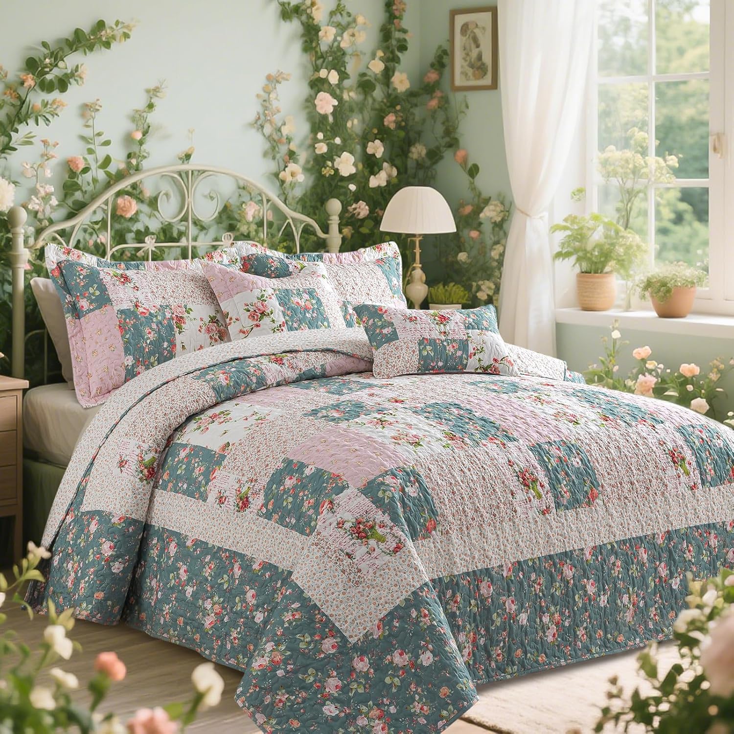 VAPUTAR Reversible Floral Queen Quilt Set 3 Piece