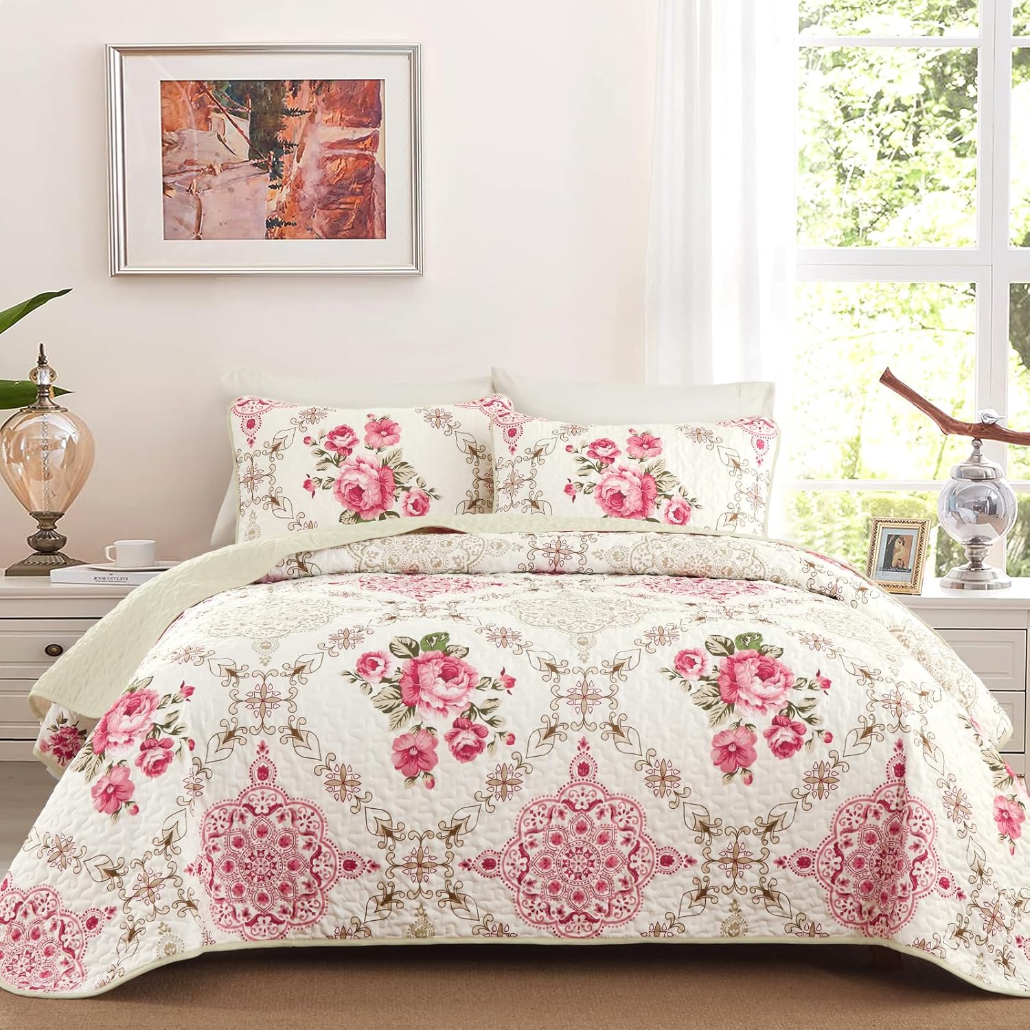 Menghomeus Pink Big Floral Reversible Quilt Set