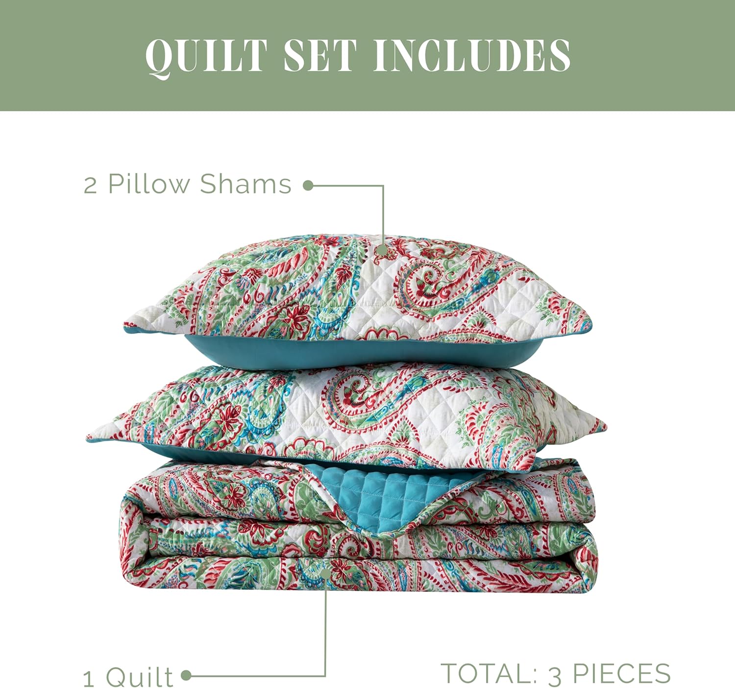 Elegant Comfort Reversible Paisley Quilt Set - Queen Turquoise