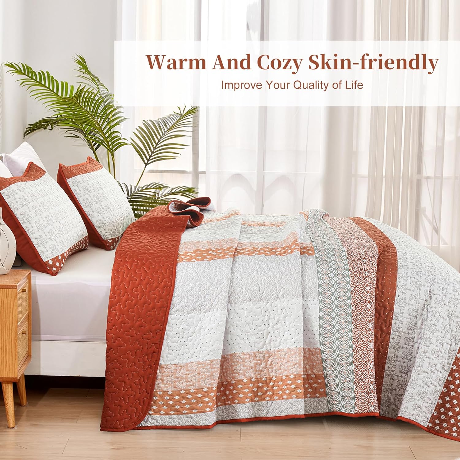 WONGS BEDDING Burnt Orange Boho Quilt Set Queen Size 3 Pieces