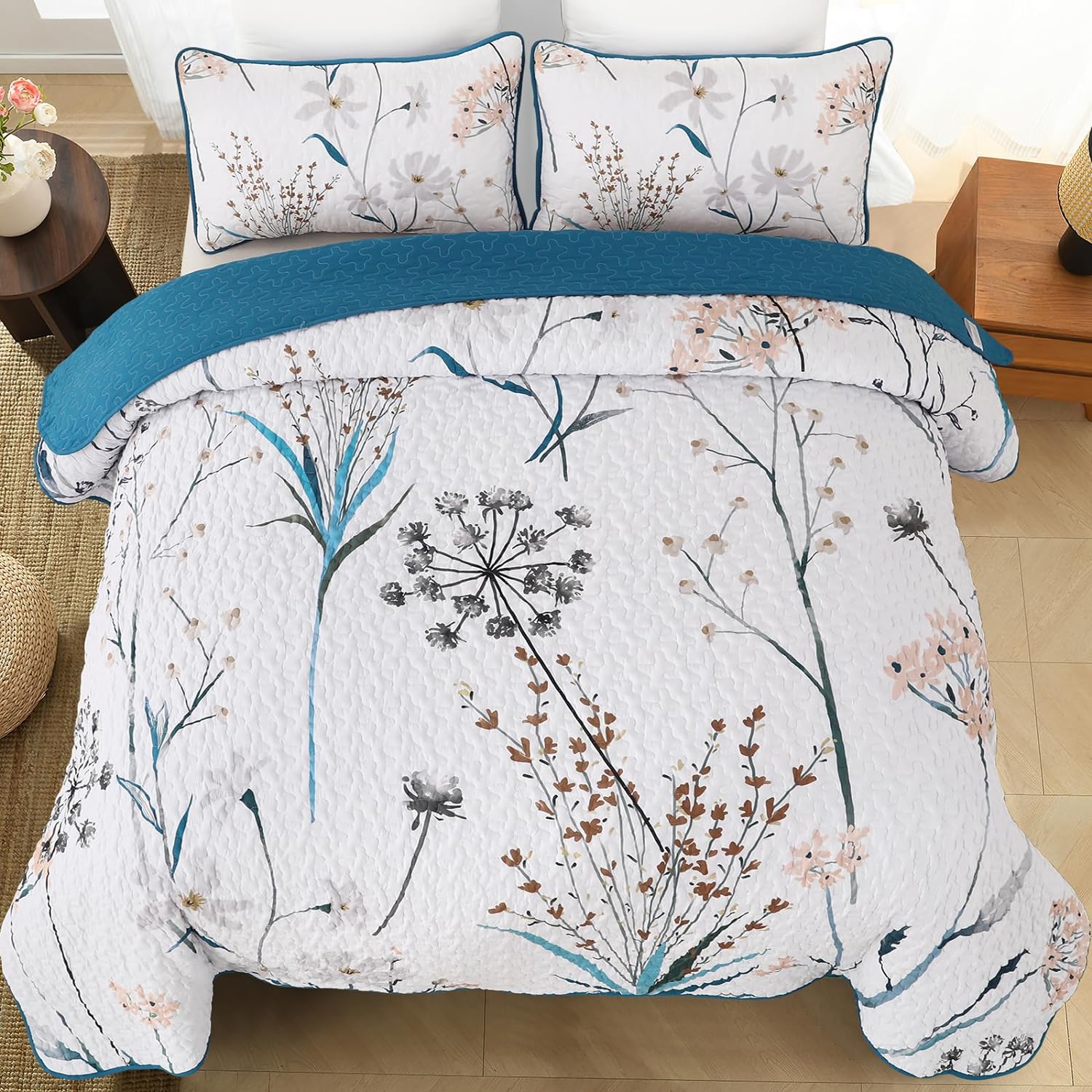 Dobuyly Teal Floral Queen Quilt 3-Piece Set