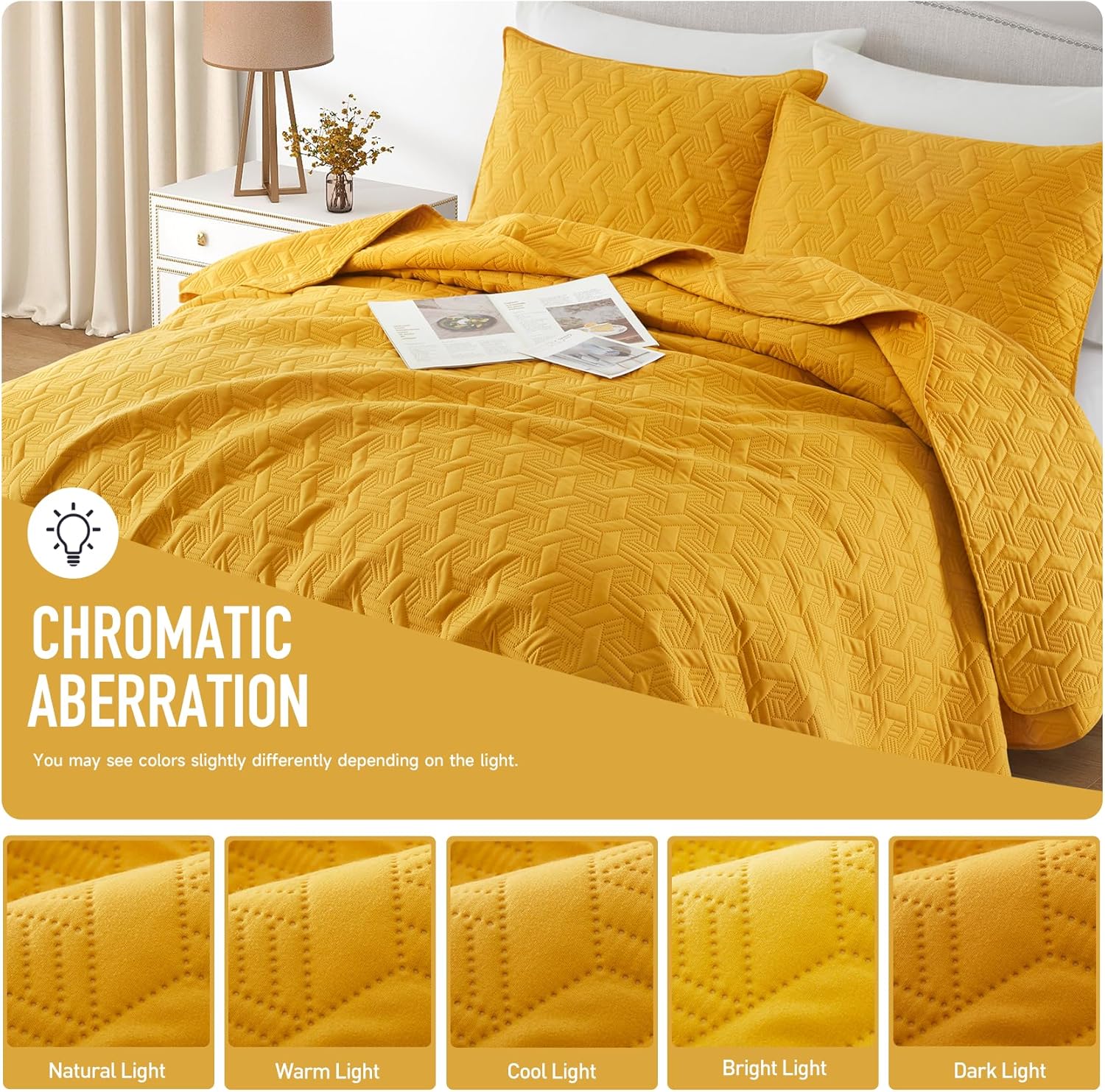 Lavsiry Mustard Yellow Quilt Set California King Size 3 Piece
