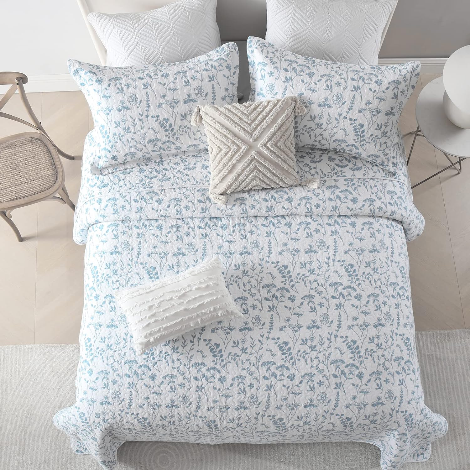 KALOOLA Summer Cotton Blue Floral King Quilt Set