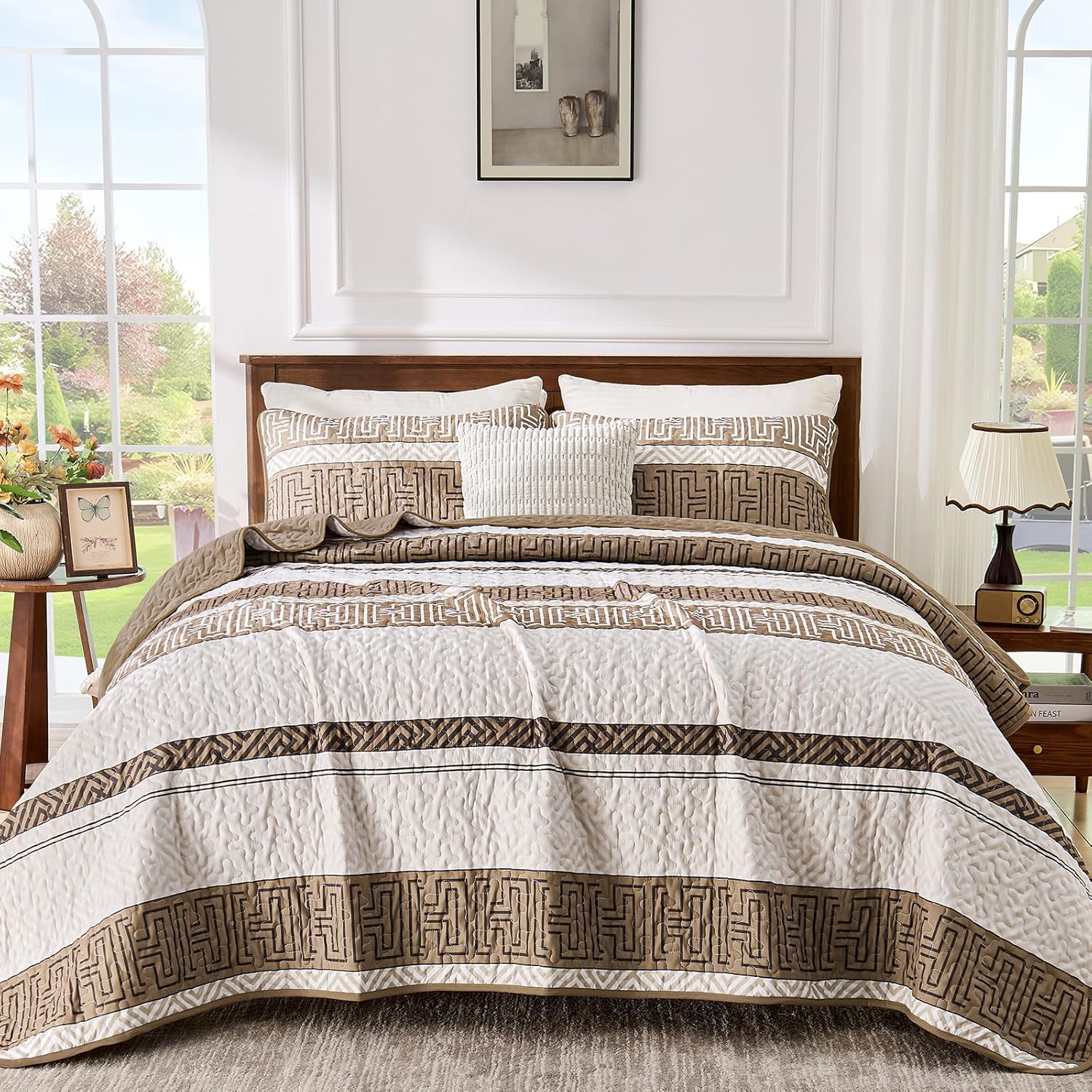 DJY Queen Size Brown Striped Quilt Set 3 Pcs