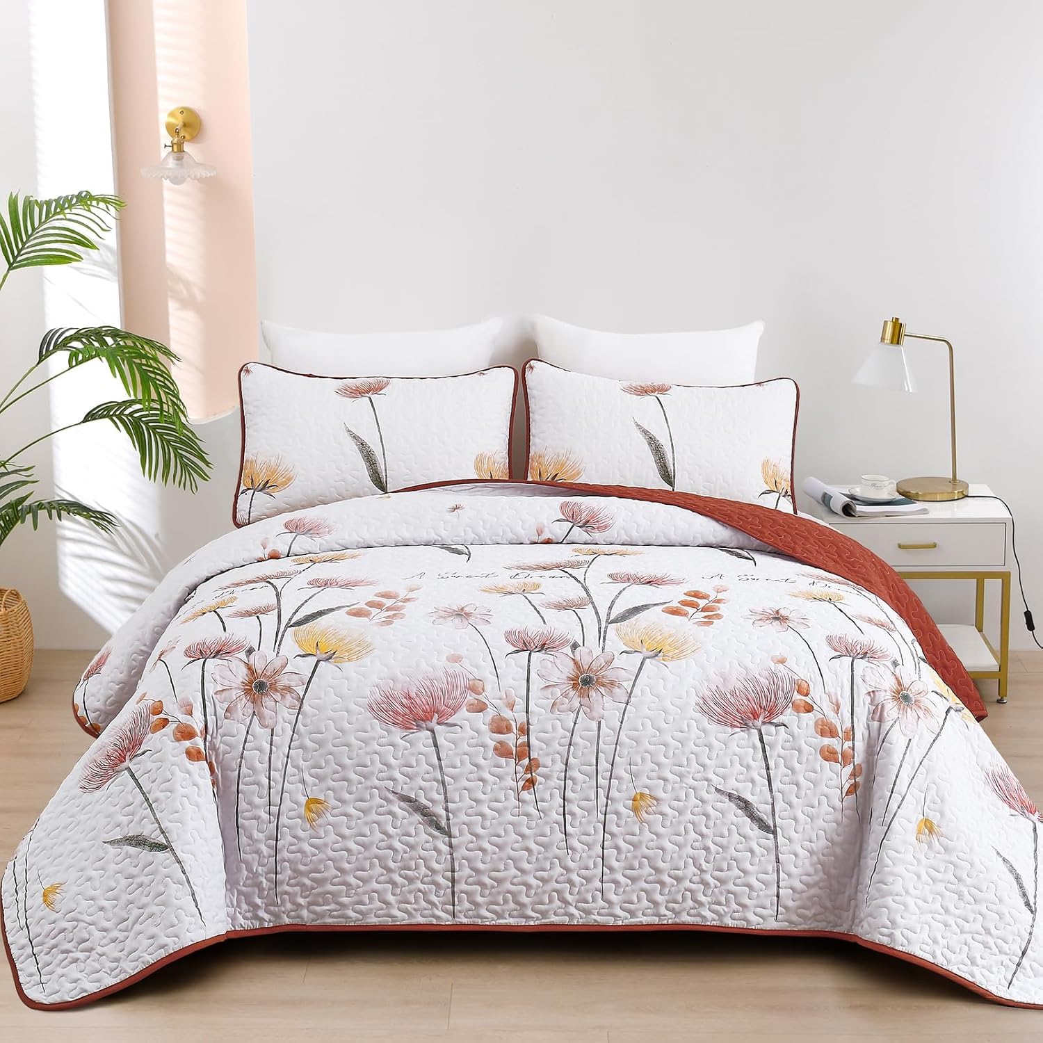 Dinjoy Floral California King Quilt Set 3 Piece