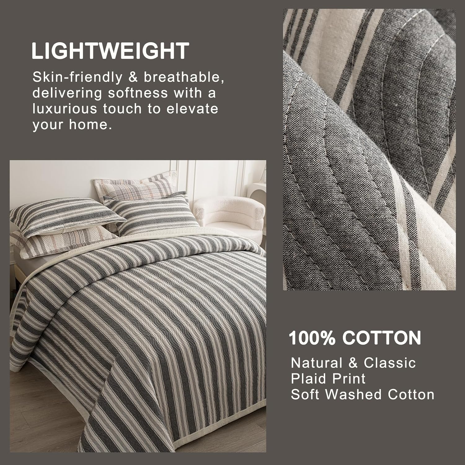 Cotton Striped Quilt Set 3 Piece King Size Reversible