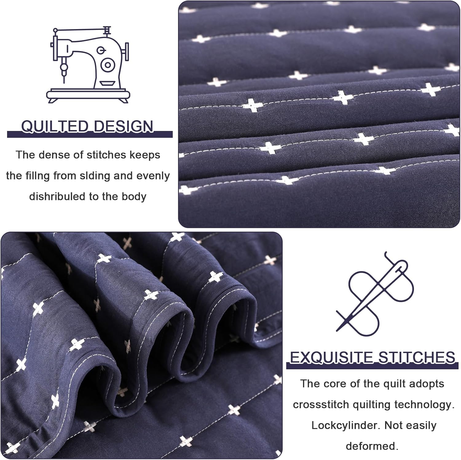 Qucover Cal King Quilt Set with Pillow Shams Navy Blue Cross Stitch Design