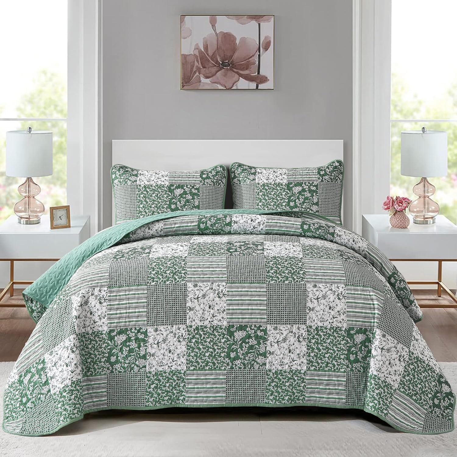 Mybedsoul Green Quilt Set Full Size 3 Pieces