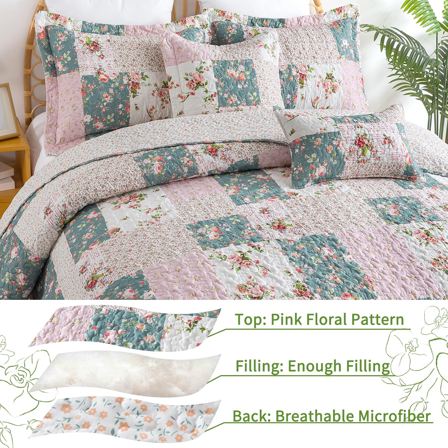 VAPUTAR Reversible Floral Queen Quilt Set 3 Piece