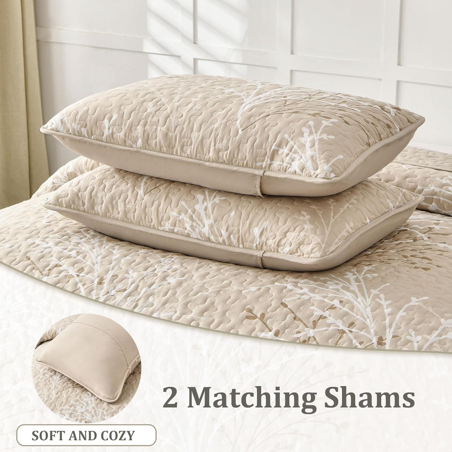 DJY Beige Botanical Quilt Set King Size 3 Piece