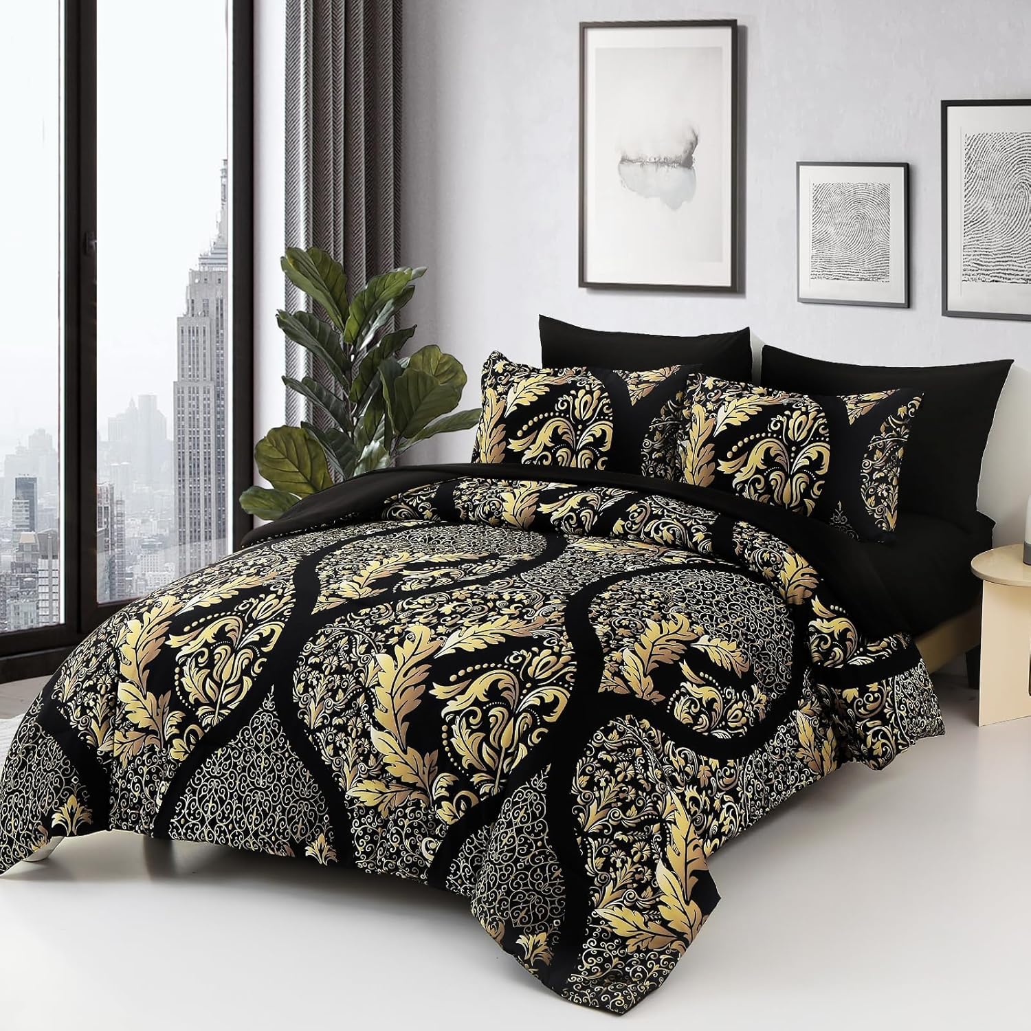 Anibedding Black Gold Damask Comforter Set California King