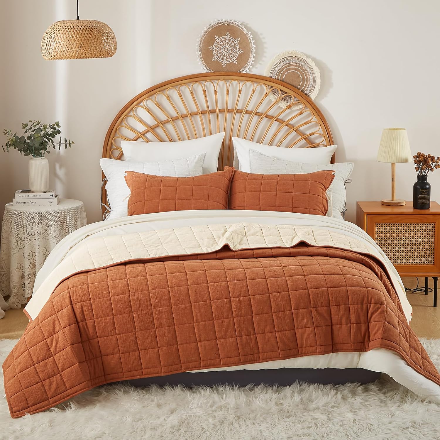 Cotton Quilt Bed Spreads 3-Piece Set Queen Burnt Orange