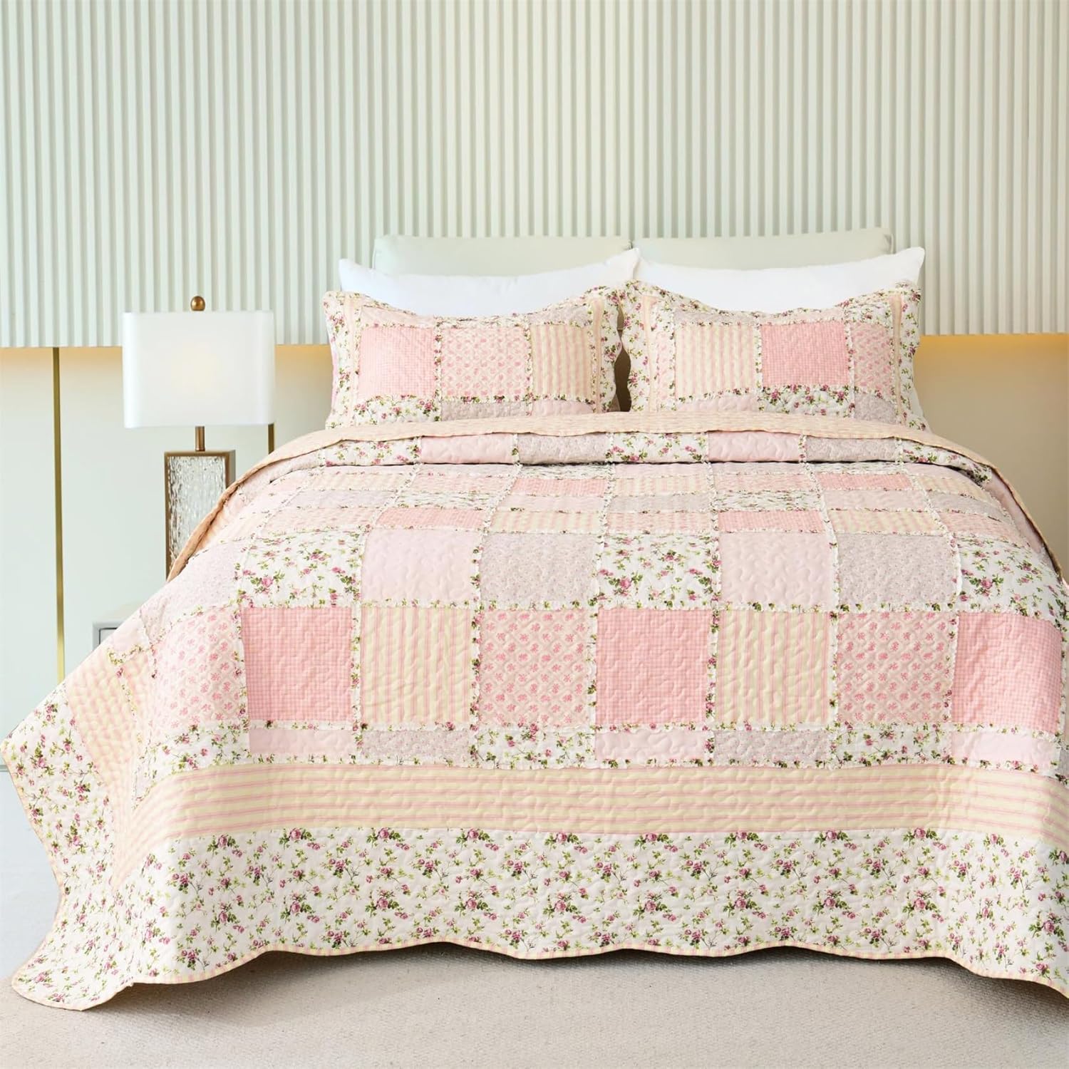 Cmfshape Garden Floral Quilt Bedspread King Size 3 Piece Set