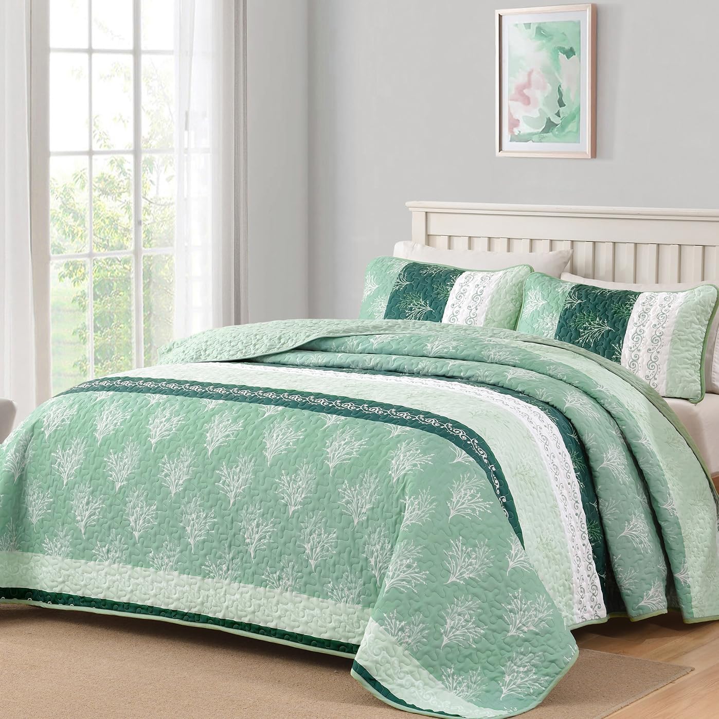 DJY Boho Quilt Set with 3 Pieces King Green Striped Floral Bedspread