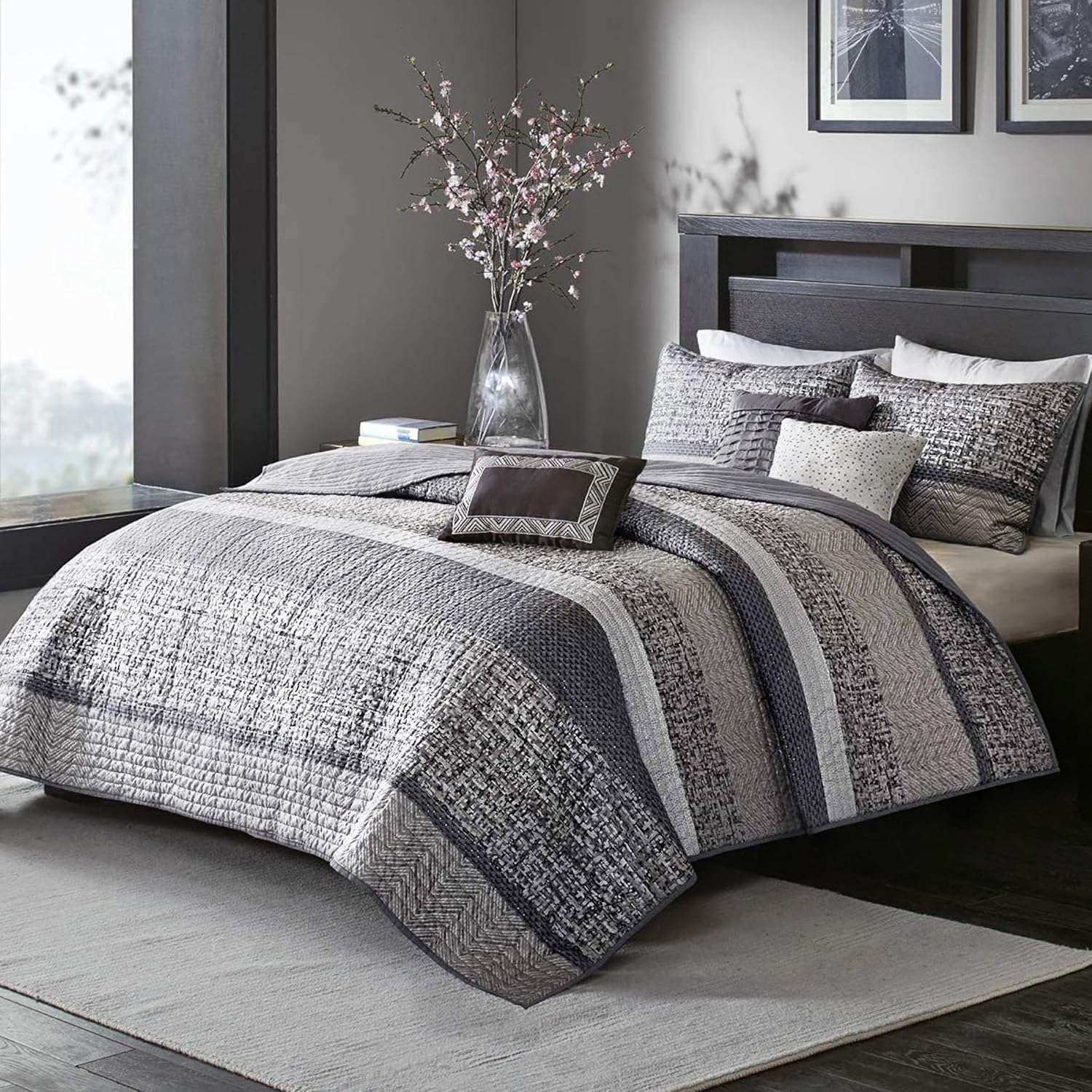 Madison Park King Quilt Set with Glitter Accent Chevron GreyTaupe