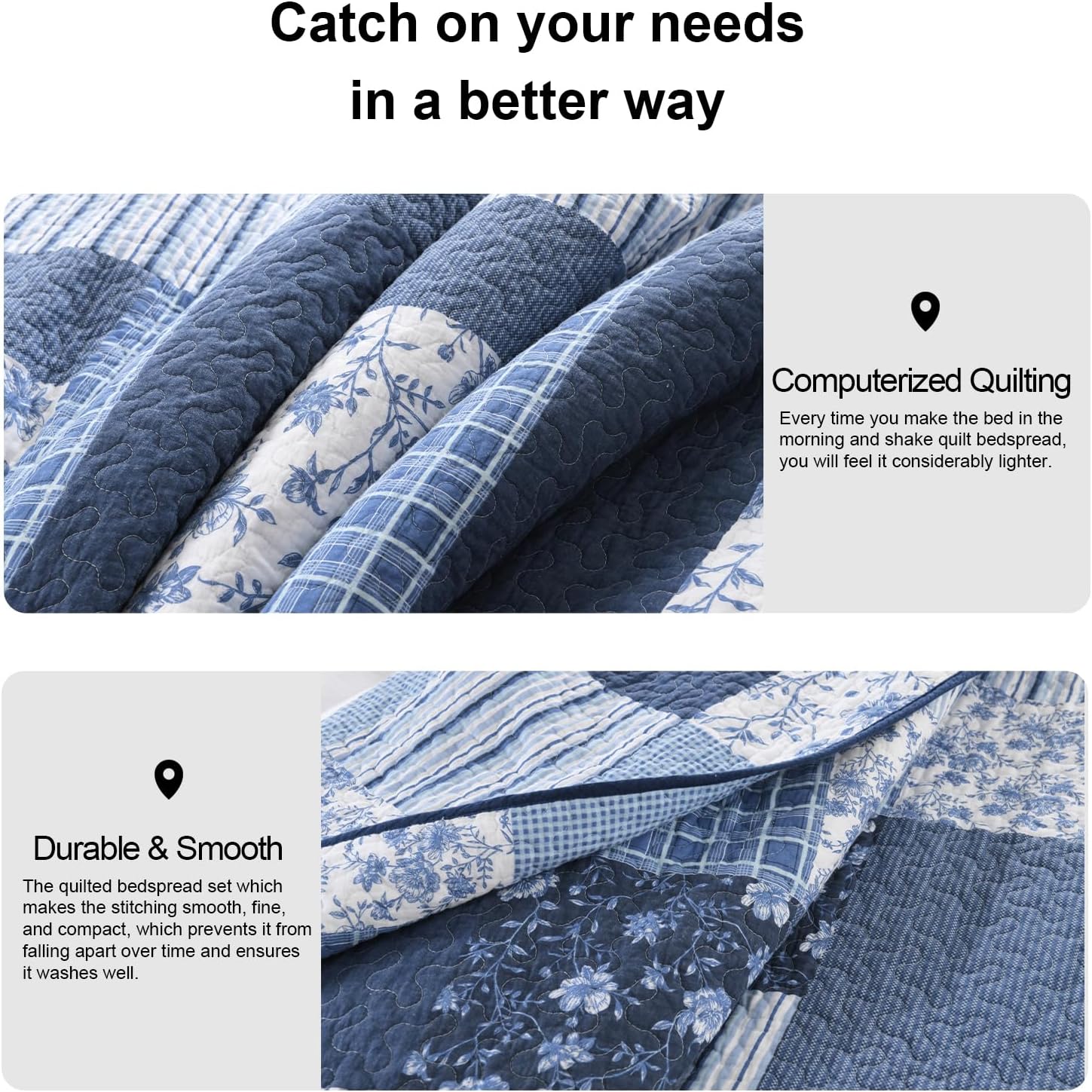 PANGUSHAN 100 Cotton King Quilt Set - Floral Patchwork 3pcs BlueWhite 1