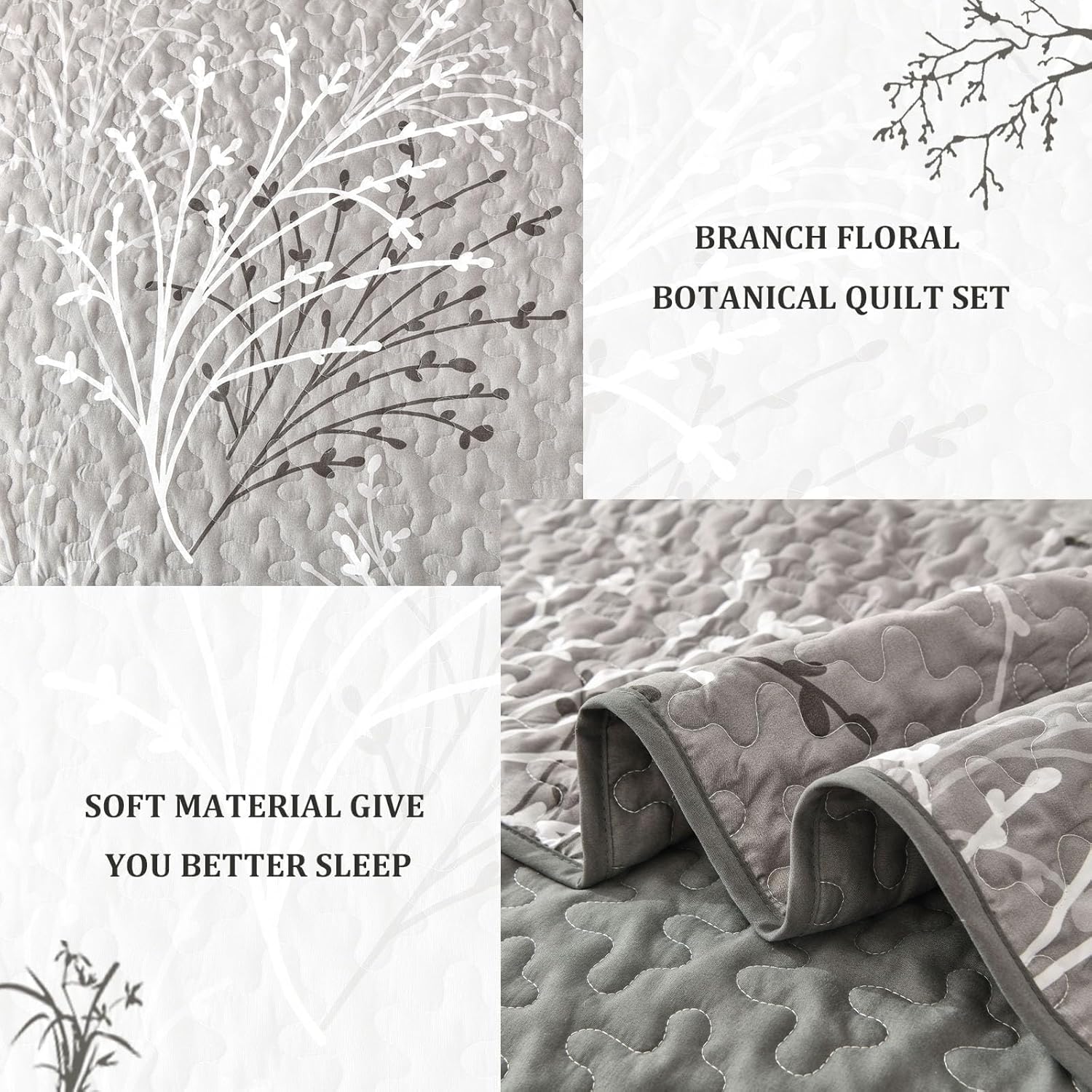 DJY Grey Botanical Quilt Set King Size 3-Piece