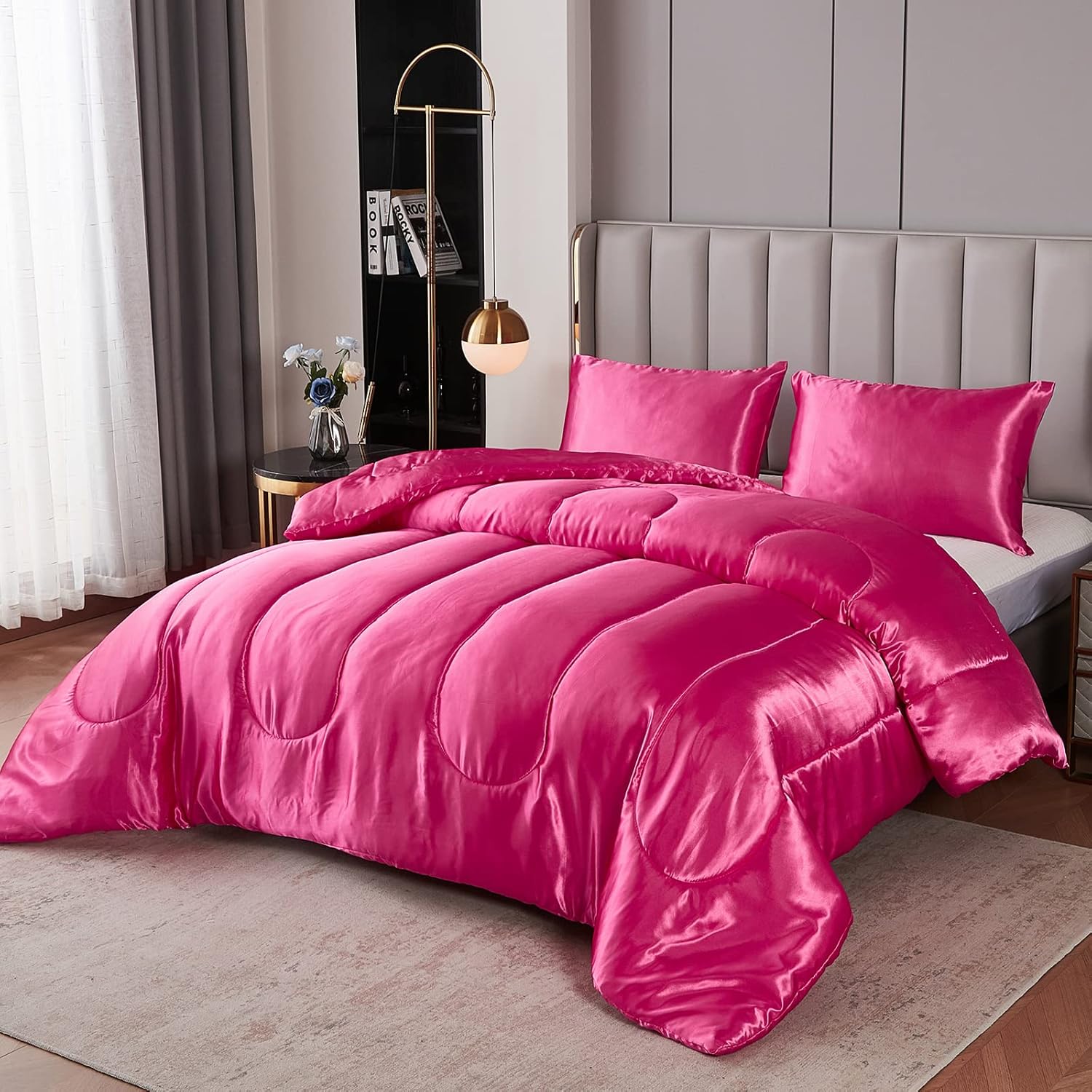 Kanak Bedding 3PC Silky Comforter Set Full XL Hot Pink 1