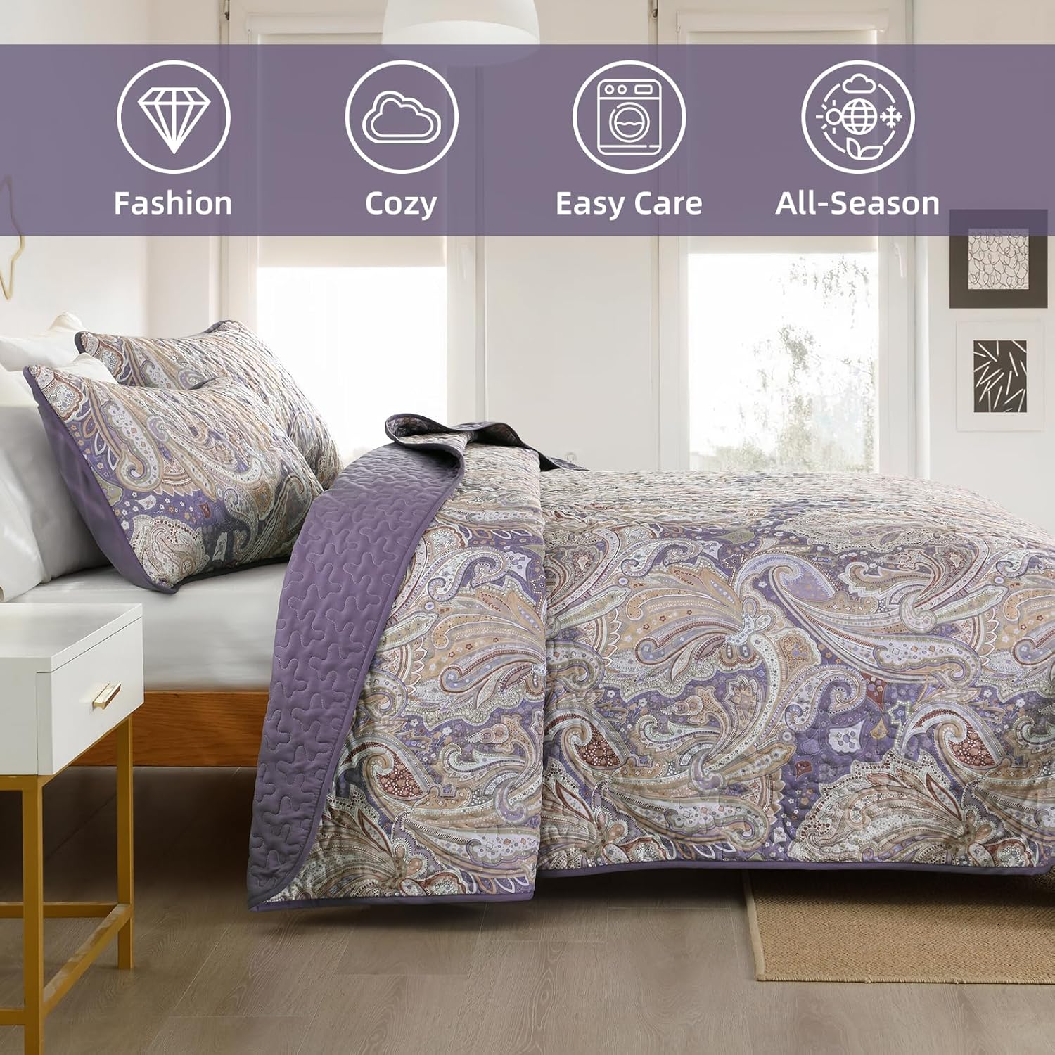 DJY Purple Paisley Queen Quilt Set 3 Pieces