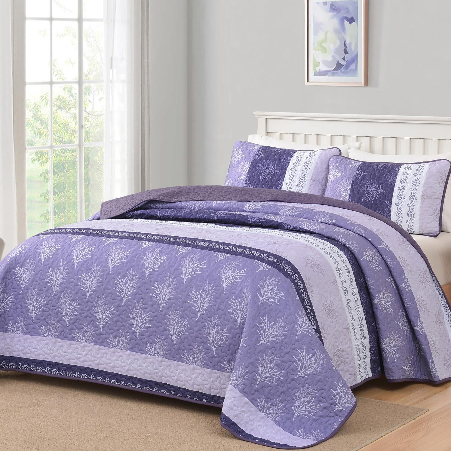 DJY Boho Quilt Set King Size Purple Striped Bedspread