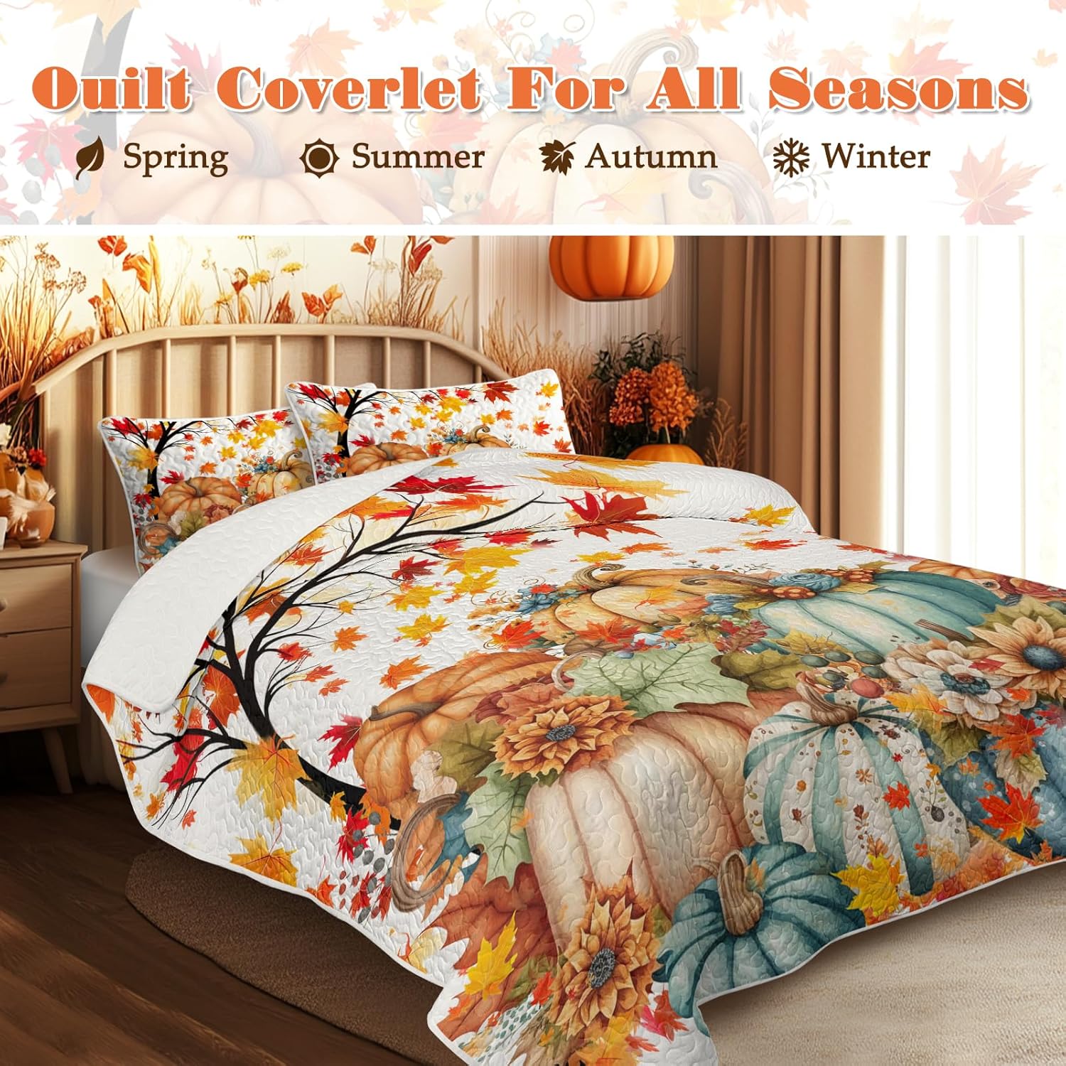 BlessLiving 3-Piece Pumpkin Quilt Set with Pillowcases