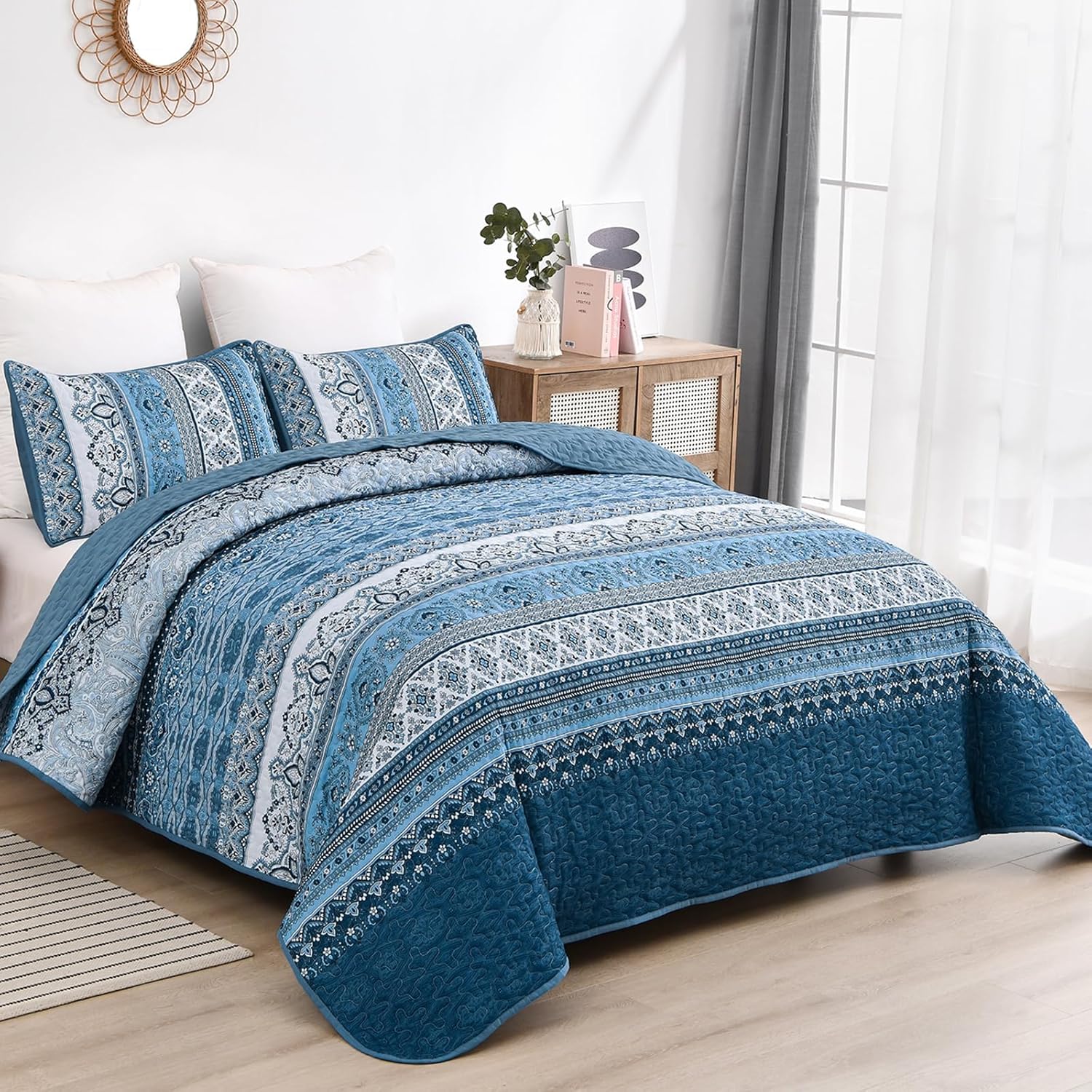 WONGS BEDDING Boho Striped Quilt Set Full Size 3 Pieces