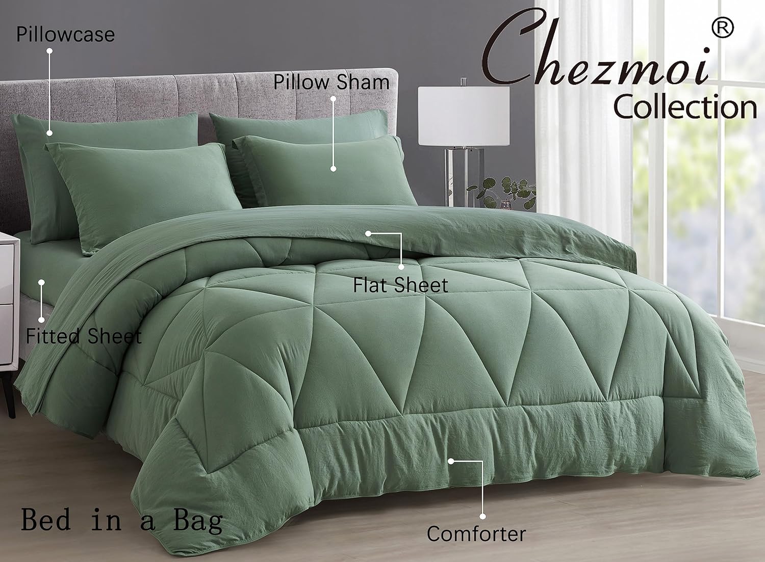 Chezmoi Jasper Sage Green Comforter Set 7-Piece