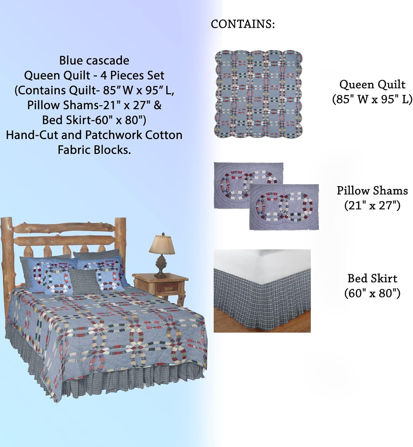 Blue Cascade Queen Quilt 4-Piece Set - Hand-Cut Patchwork Cotton 1
