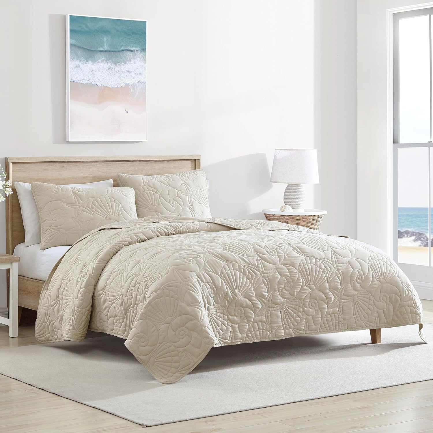 CARIBBEAN JOE King Outlined Shell Quilt Set Coastal Beach Style