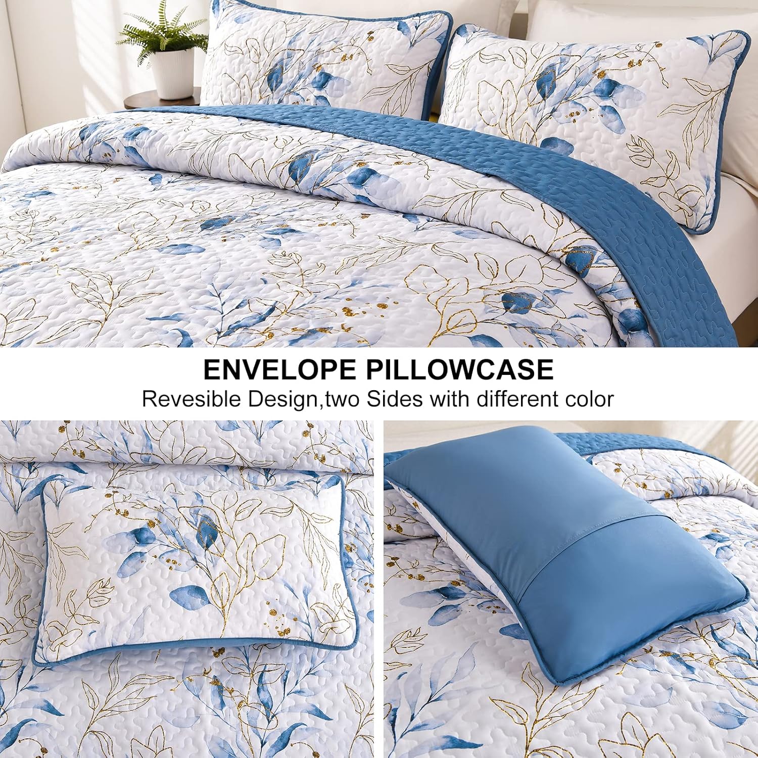 Anibedding Blue Quilt Set California King 3 Piece