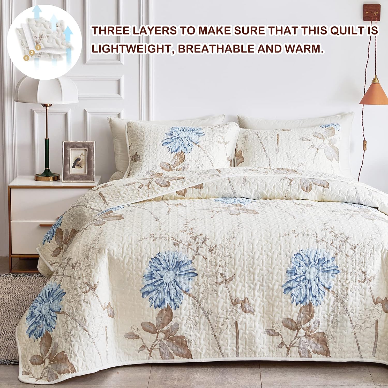 Joyreap 3-Piece Microfiber Quilt Set with Reversible Flower Design