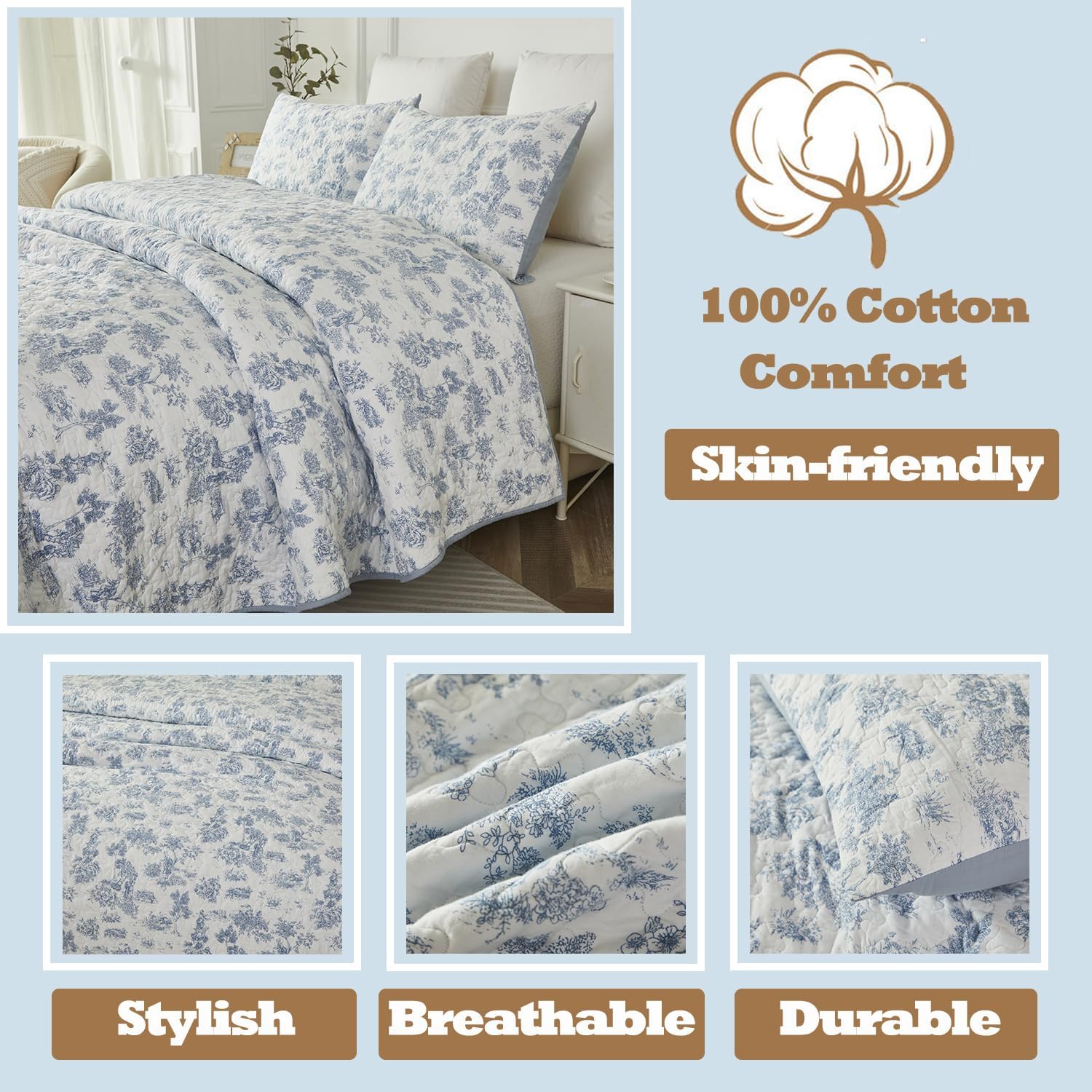 Brandream Cotton Toile Quilt Set 3-Piece Blue and White
