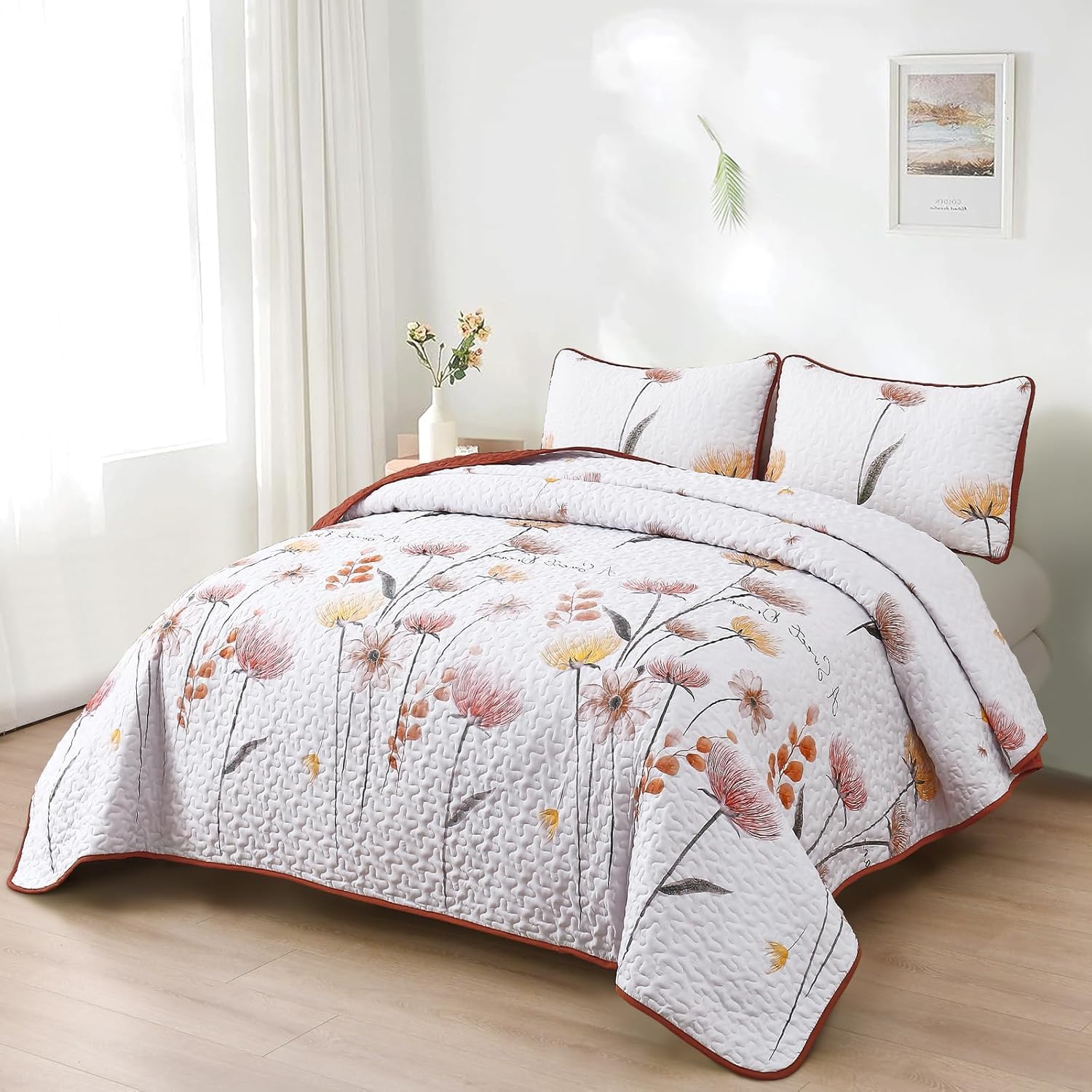 Dinjoy Floral California King Quilt Set 3 Piece