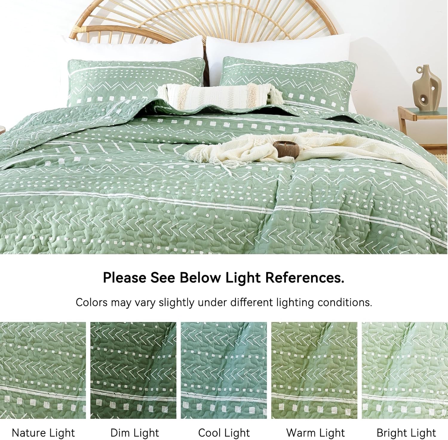 JANZAA Boho King Quilt Set 3PCS Sage Green