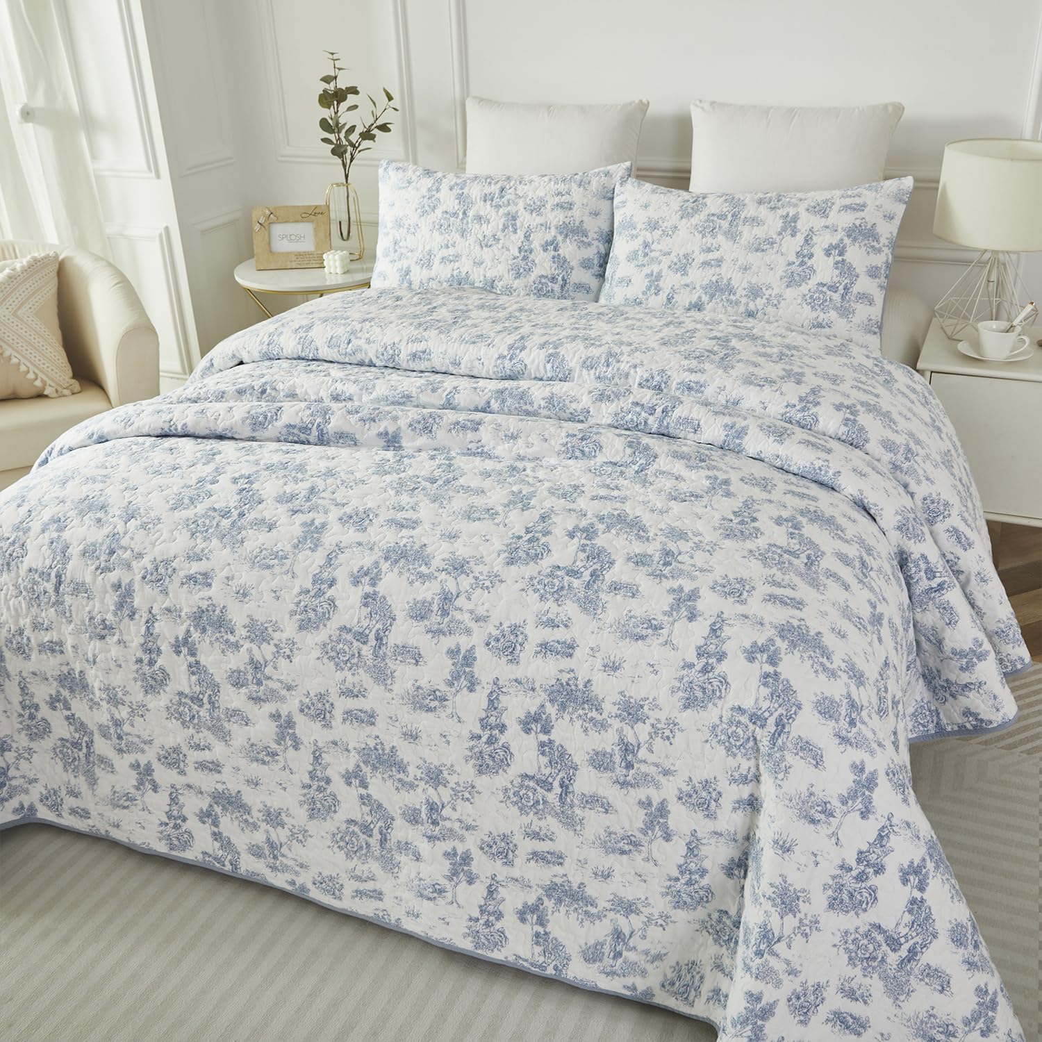 Brandream Cotton Toile Quilt Set 3-Piece Blue and White