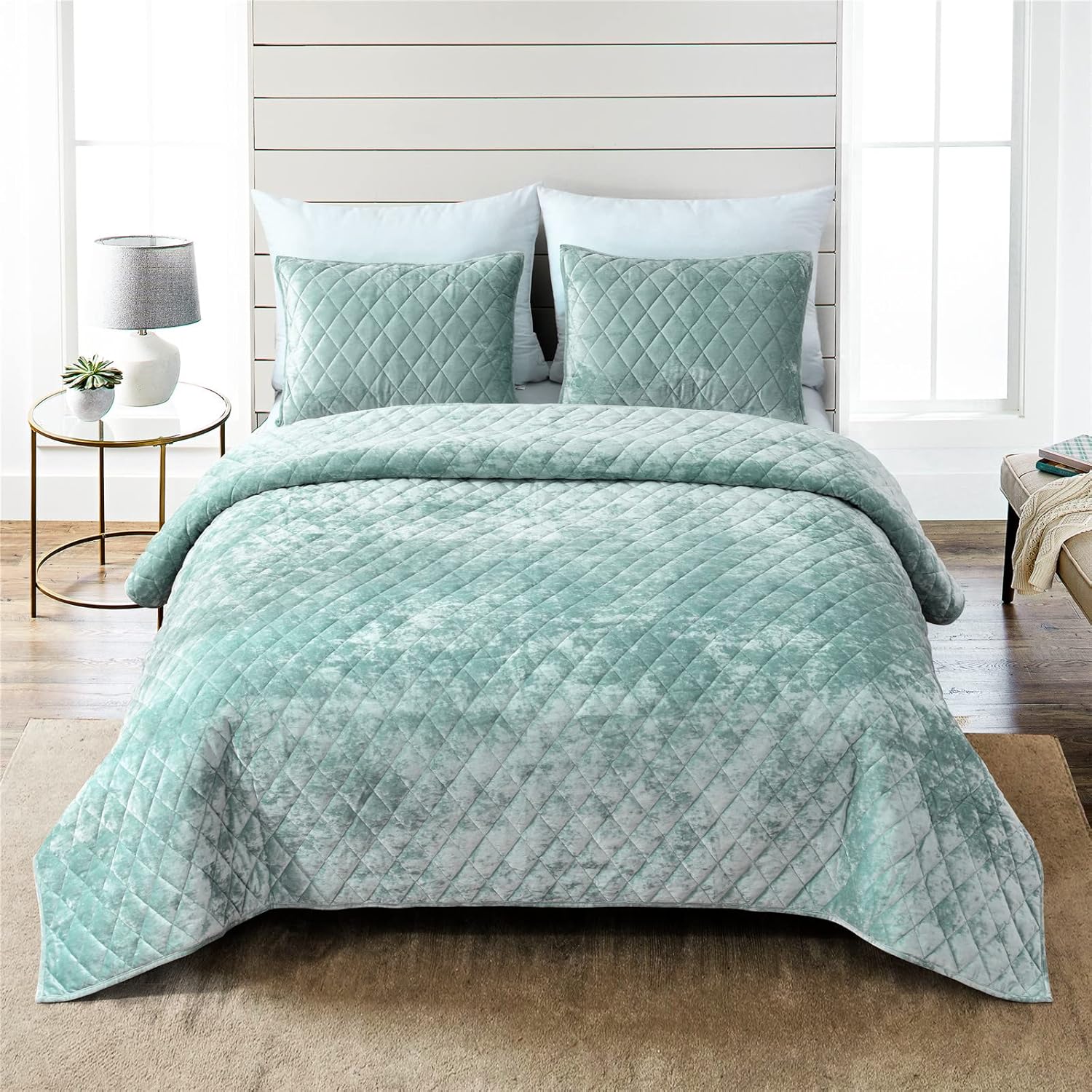 Fredsure Distressed Velvet Quilt Set - Sage Green King 3 Piece